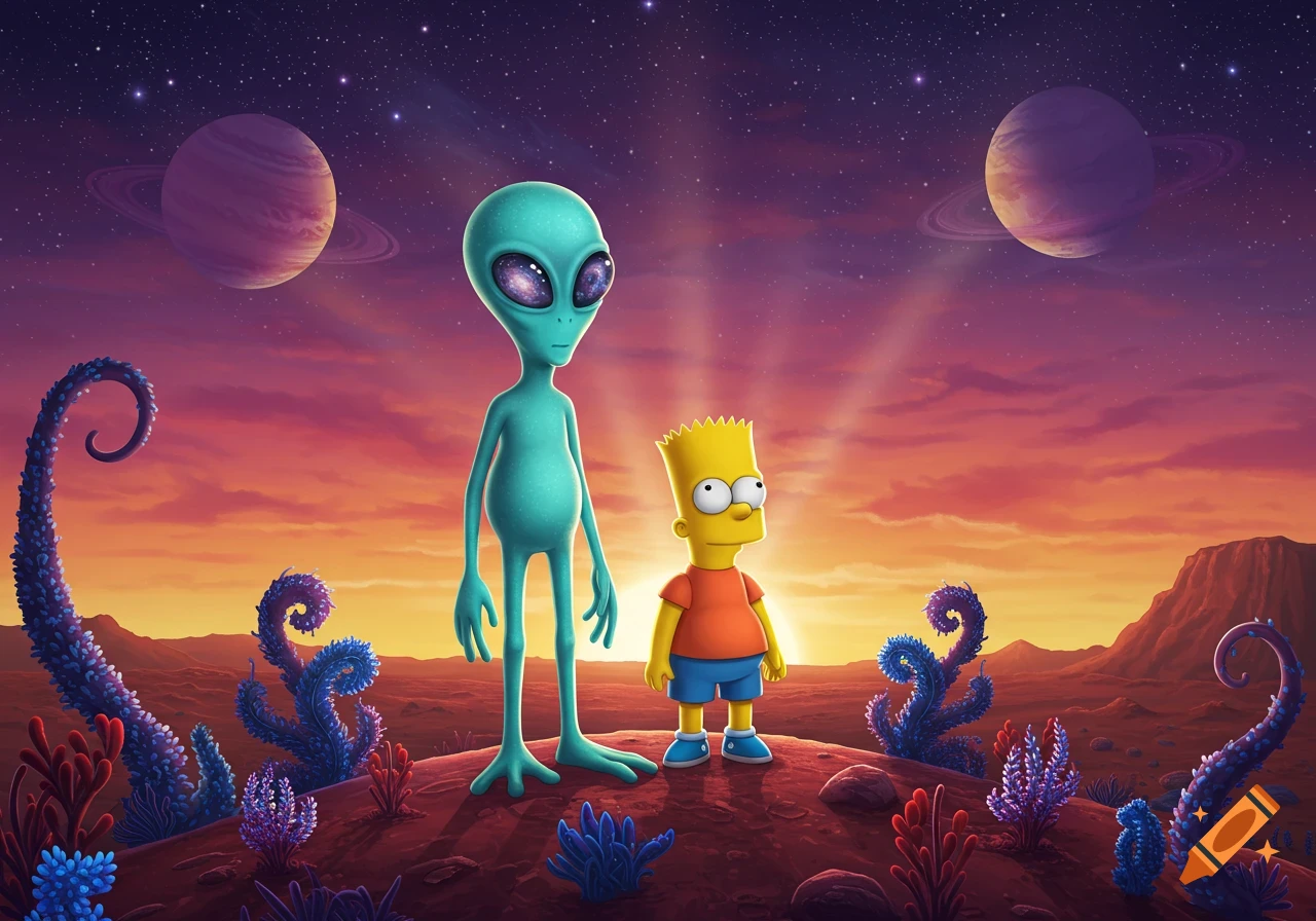 A tall, teal alien and Bart Simpson stand on a red alien planet with strange plants under a sunset sky with visible planets and stars.