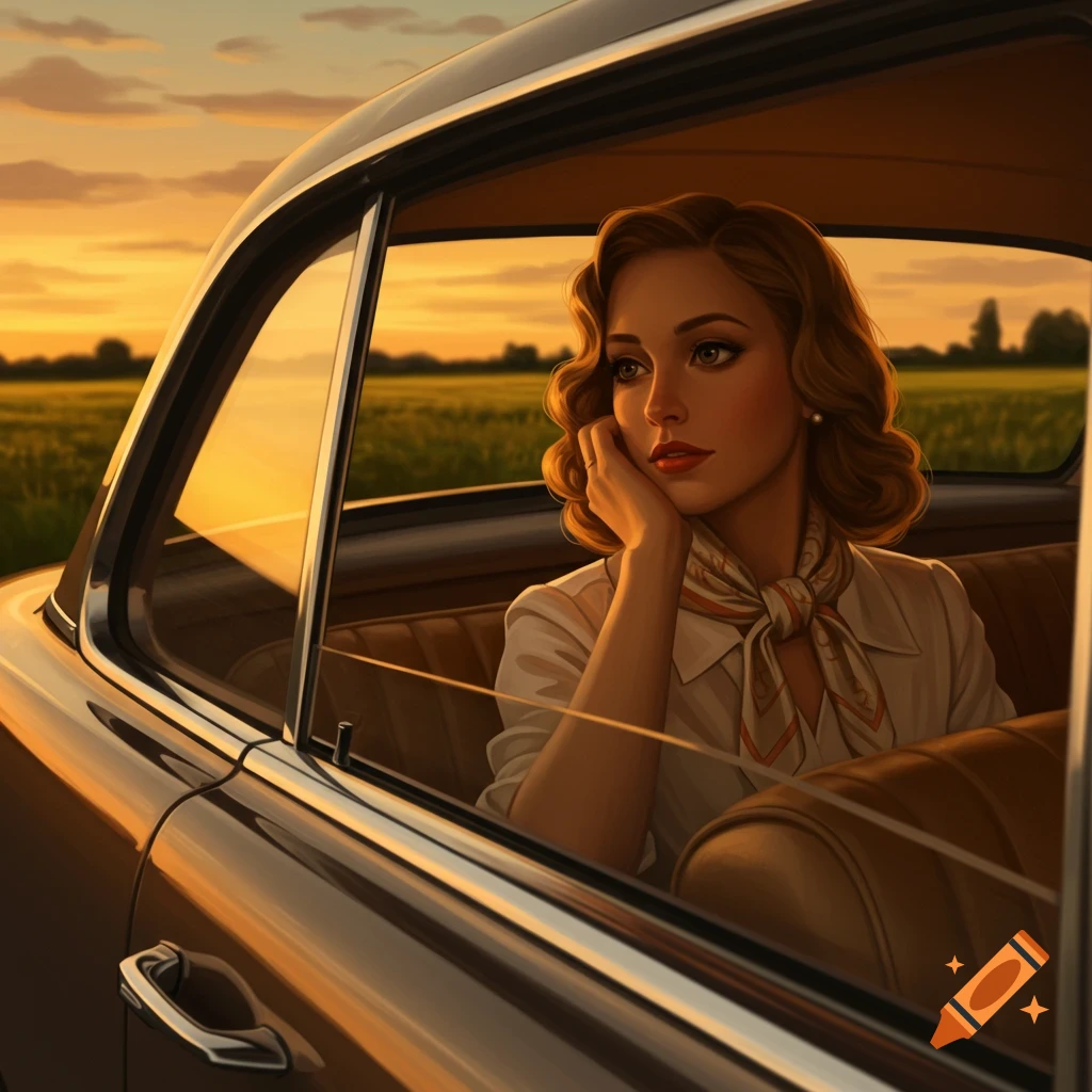 Illustrated portrait of a woman with curled hair in a vintage car, looking out at a field during sunset.