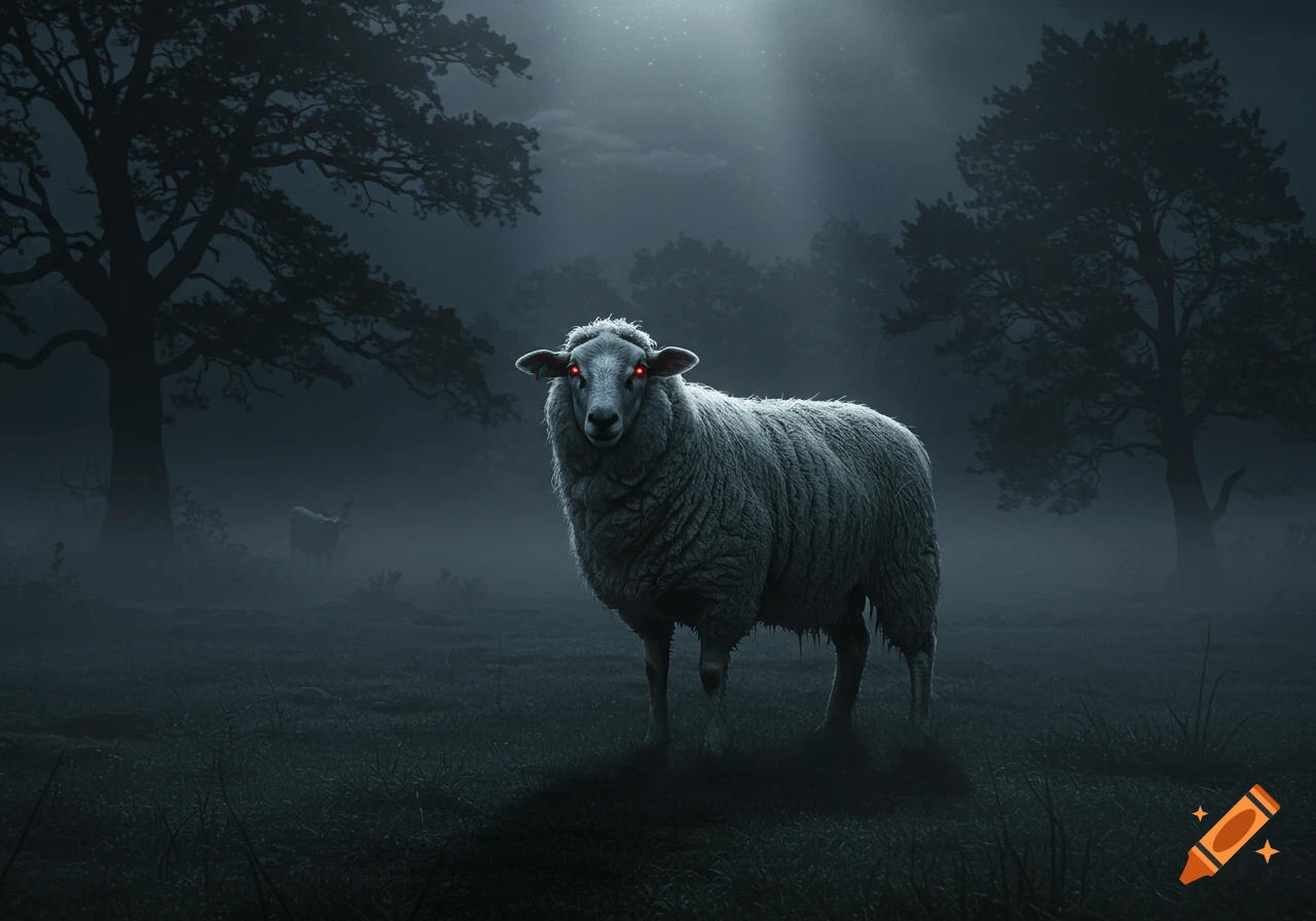 A creepy sheep with glowing red eyes stands in a dark, foggy field with trees under moonlight. Photorealistic, ominous.