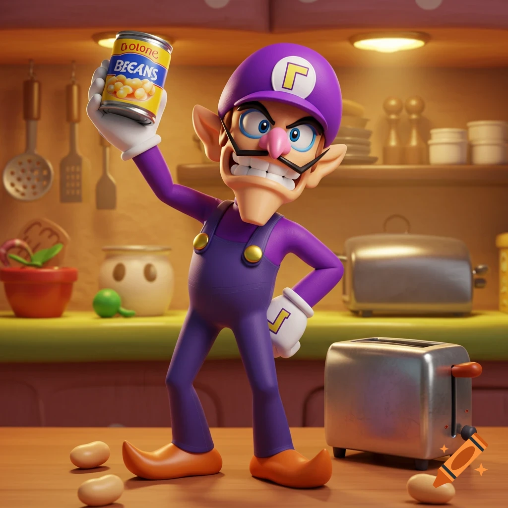 A 3D render of Waluigi in a kitchen, holding up a can labeled "Dolone BEANS" with a triumphant expression. Some beans are scattered on the wooden counter near a toaster.