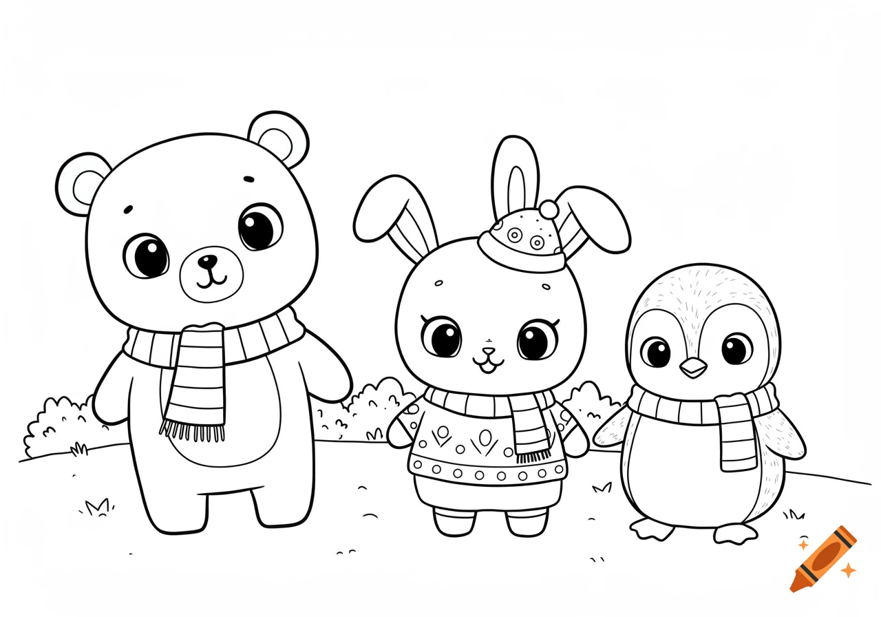 Black-and-white coloring page of a cute cartoon bear, bunny, and penguin wearing scarves in a field.