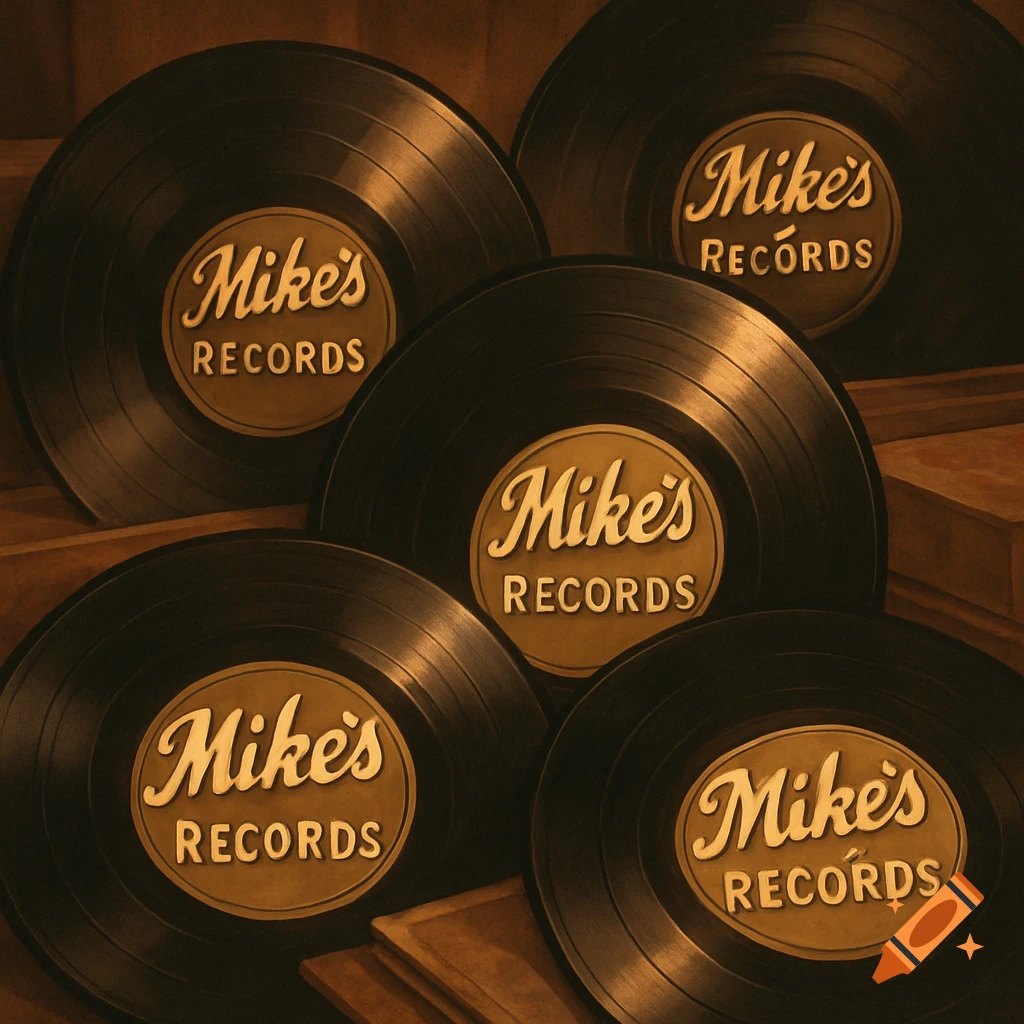 Close-up of several black vinyl records with gold labels displaying the text "Mike's RECORDS", arranged on a wooden surface in a vintage style.