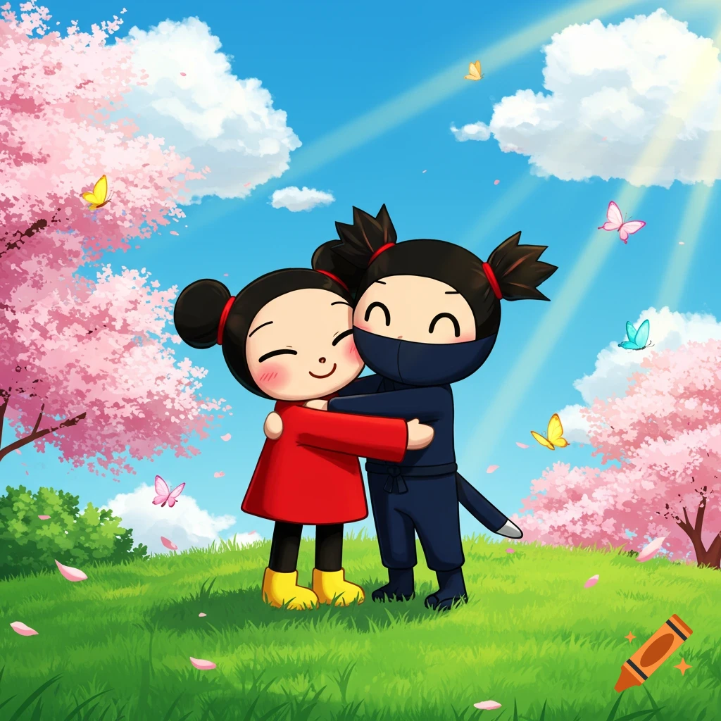 Pucca and Garu hug in a vibrant green field with pink cherry blossom trees and butterflies under a sunny blue sky, cartoon style.