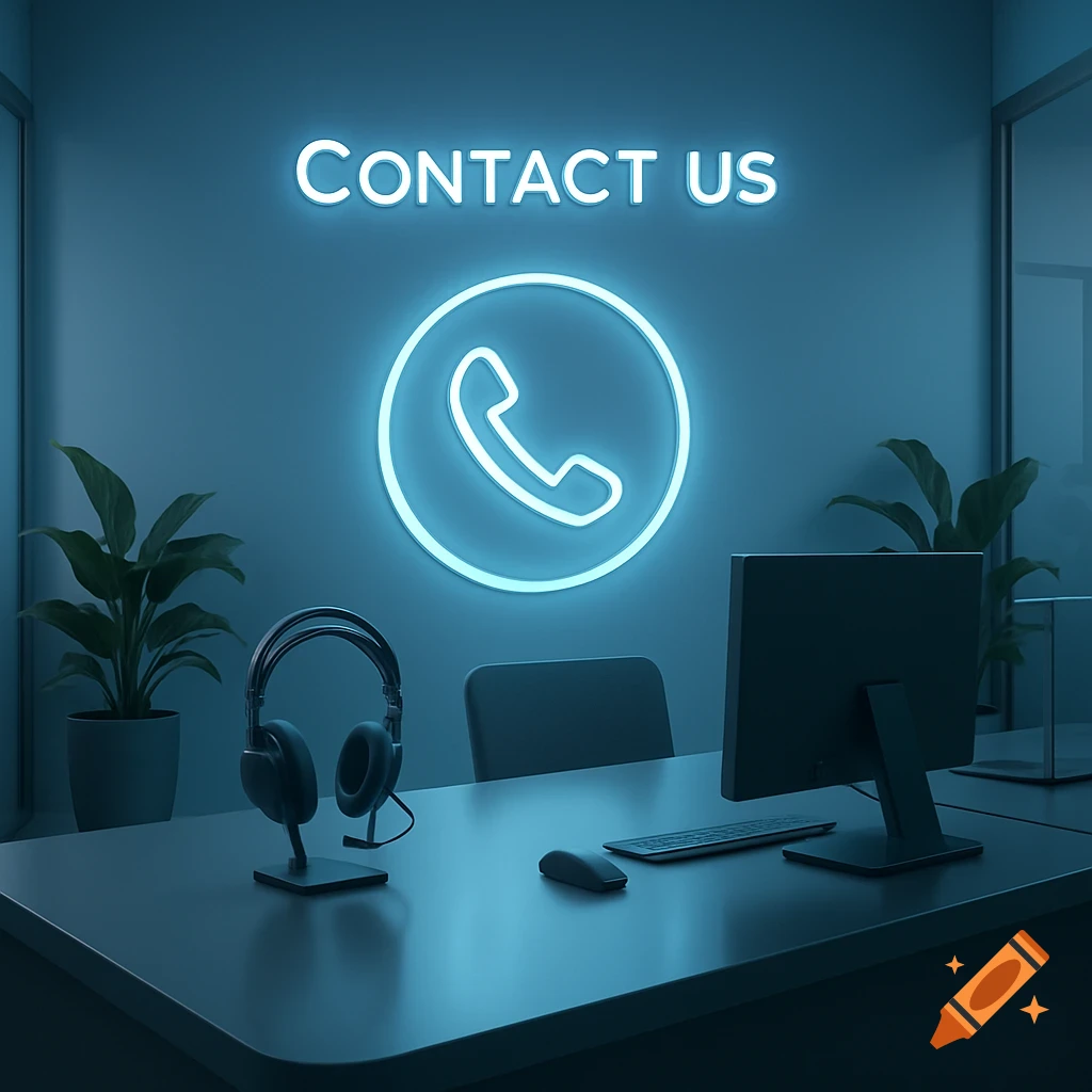 A neon "CONTACT US" sign and phone icon glow above a modern desk with headphones, a computer, and plants in a dimly lit office.