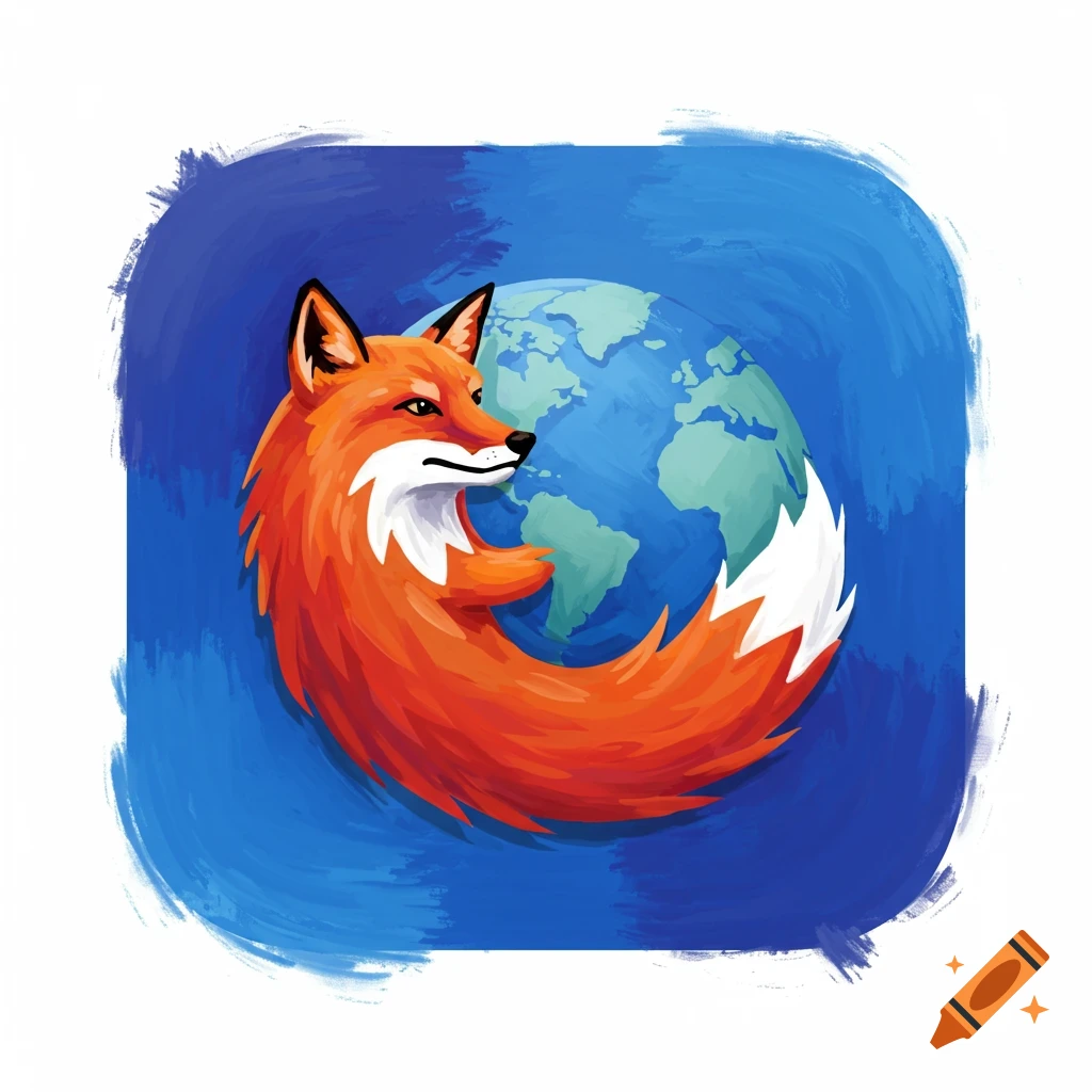 A painterly, vibrant orange fox with white fur wrapped around a blue and green globe, resembling the Firefox logo.
