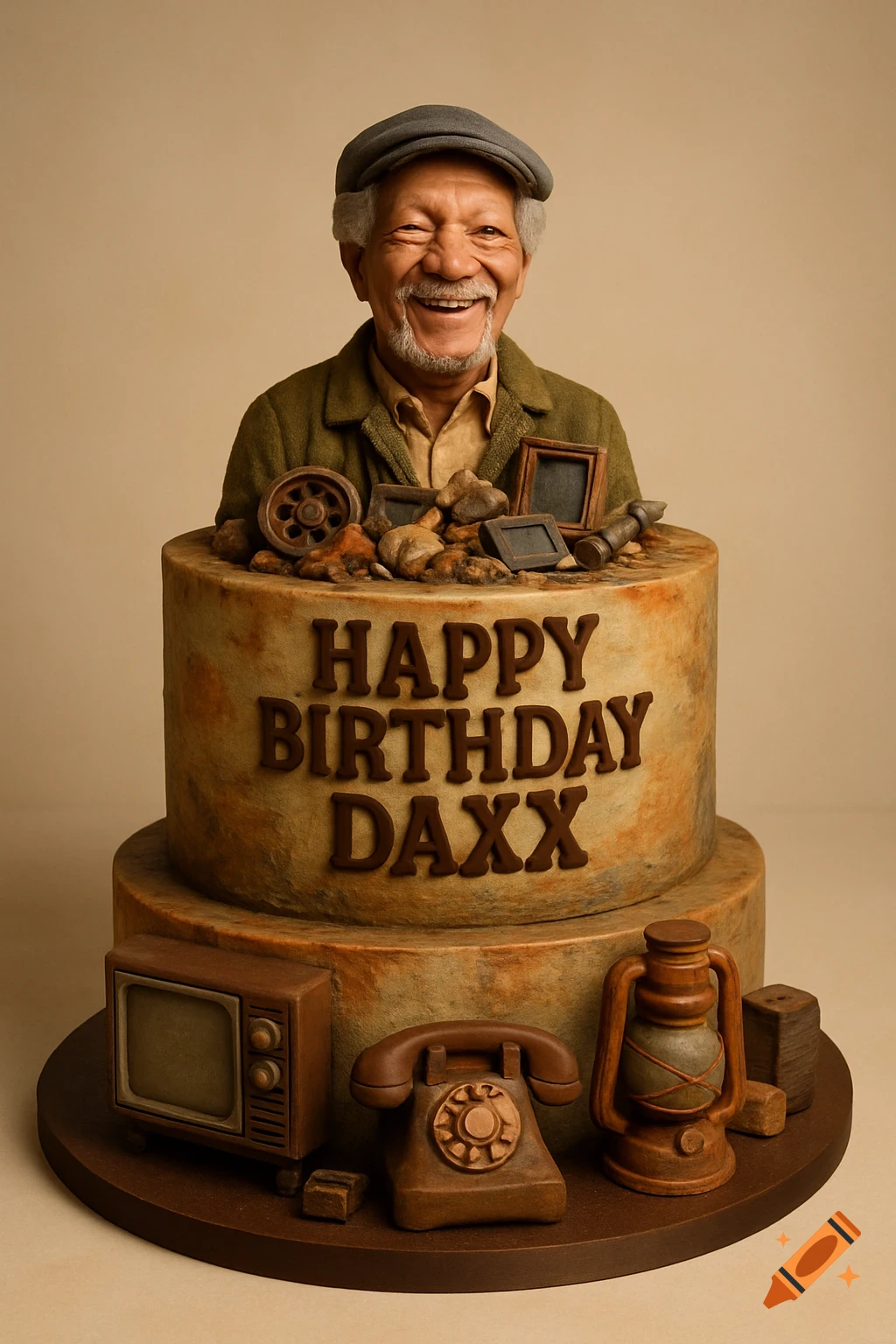A photorealistic birthday cake featuring a smiling older man's bust, 'Happy Birthday Daxx' text, and vintage decorations.