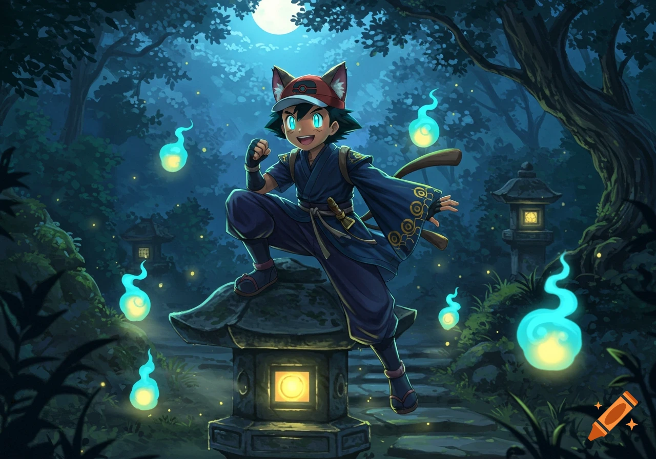 Ash Ketchum as a ninja-catboy with glowing eyes, crouching on a stone lantern in a mystical, moonlit forest with blue spirits.