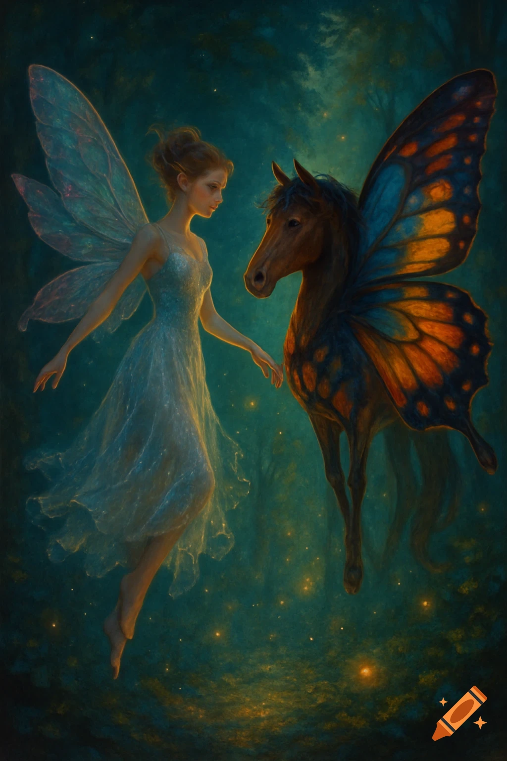 A glowing fairy and a majestic horse with vibrant butterfly wings stand facing each other in a magical, dark forest with sparkling lights.