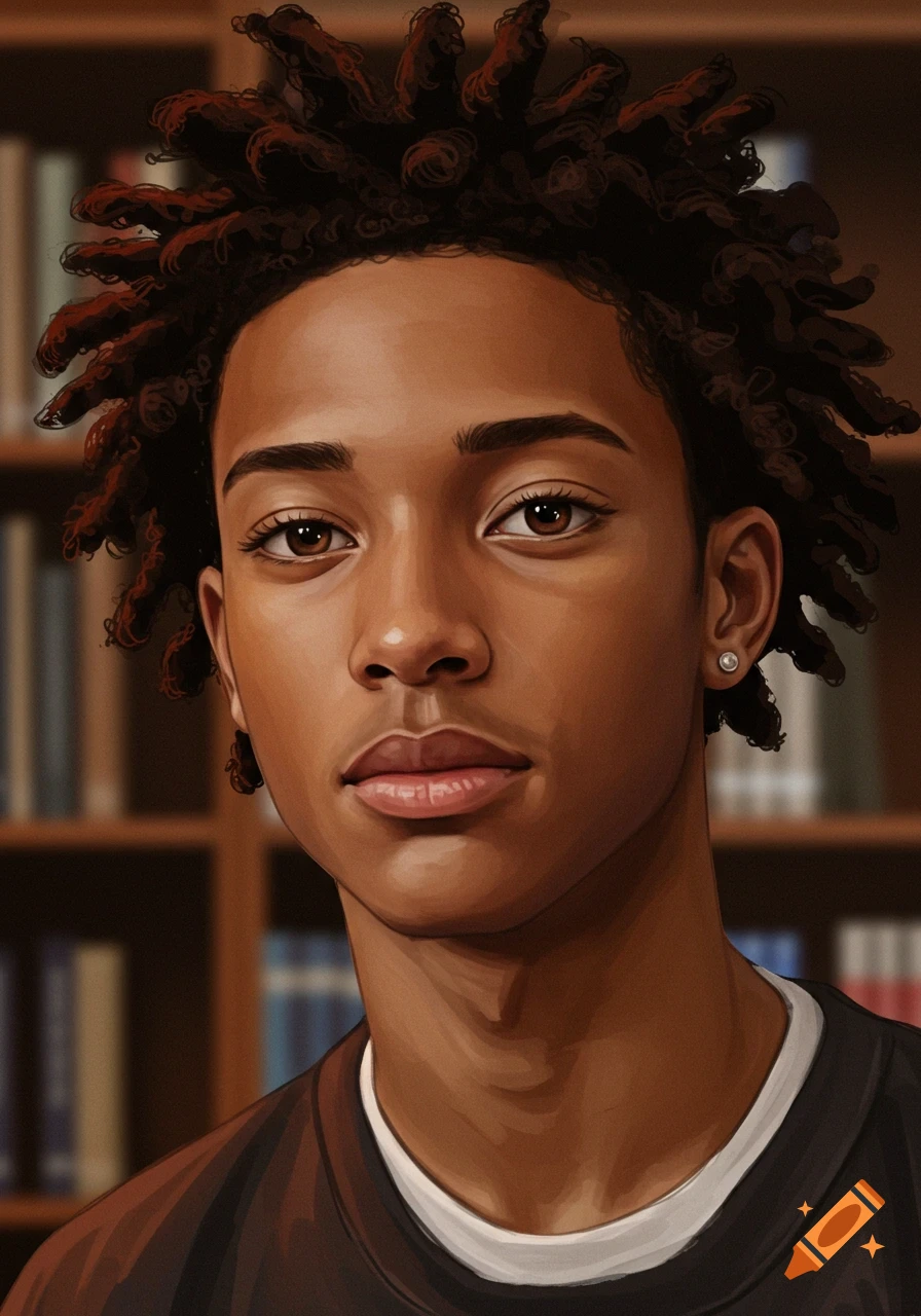 Digital painting of a young person with dark skin and dreadlocks, wearing a dark shirt, in front of a bookshelf.