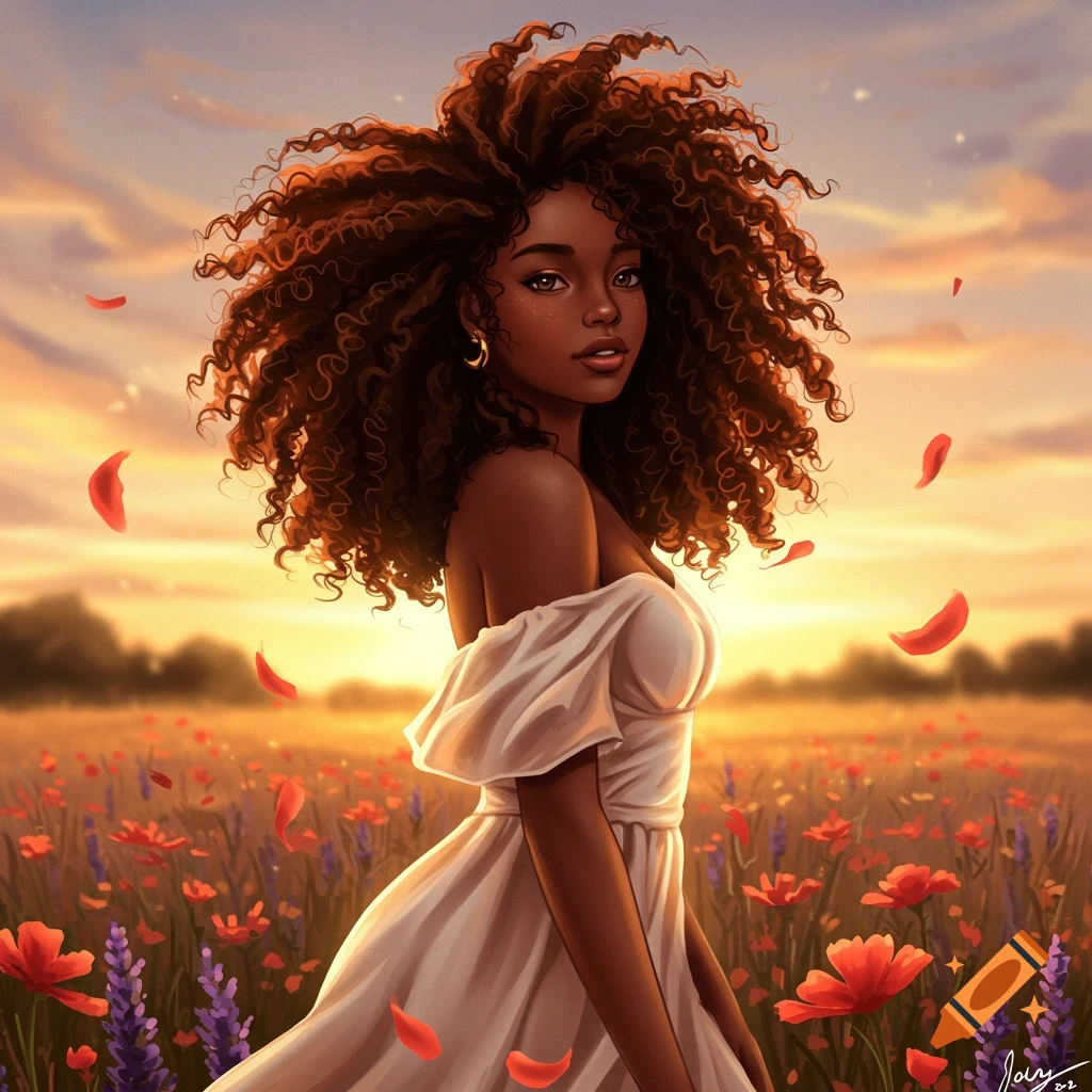Digital painting of a young Black woman with large curly hair in a white dress, standing in a field of red and purple flowers at sunset.