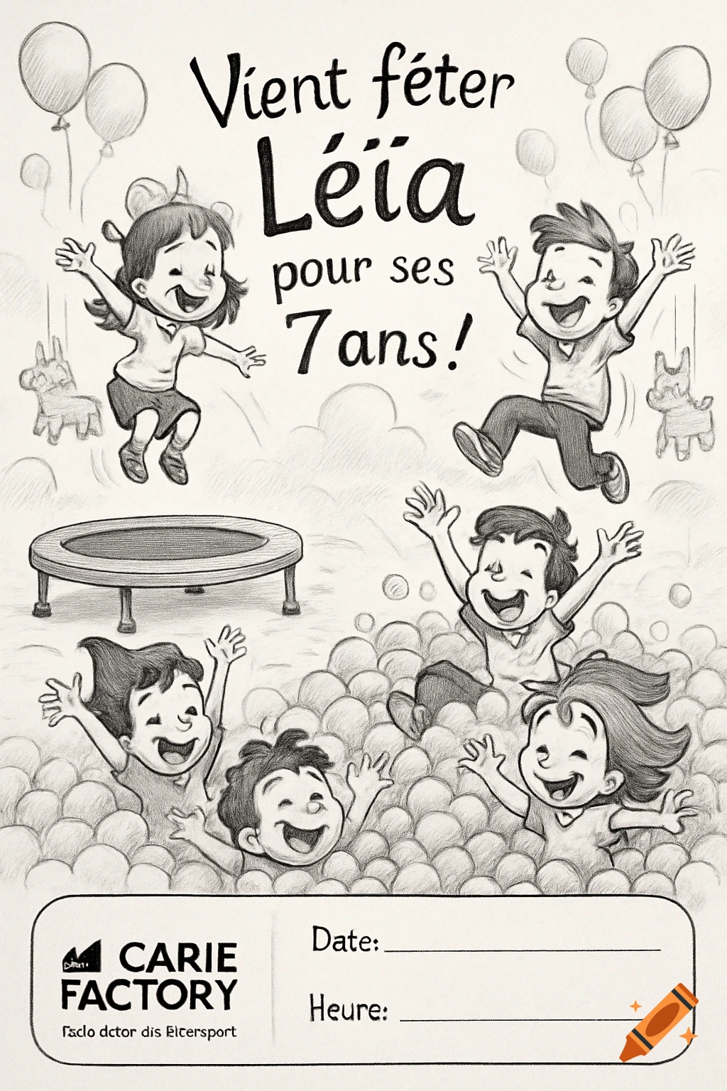 Black and white cartoon flyer for a 7th birthday party. It shows happy children jumping on a trampoline and playing in a ball pit. Text reads "Vient fêter Léïa pour ses 7 ans!" and has spaces for date and time.