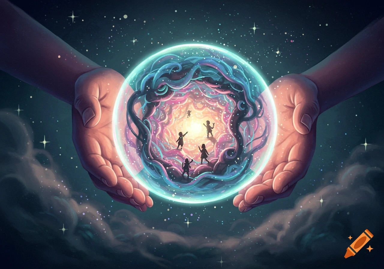 Fantasy illustration of two hands holding a glowing cosmic sphere with silhouetted figures and a colorful, abstract structure inside.