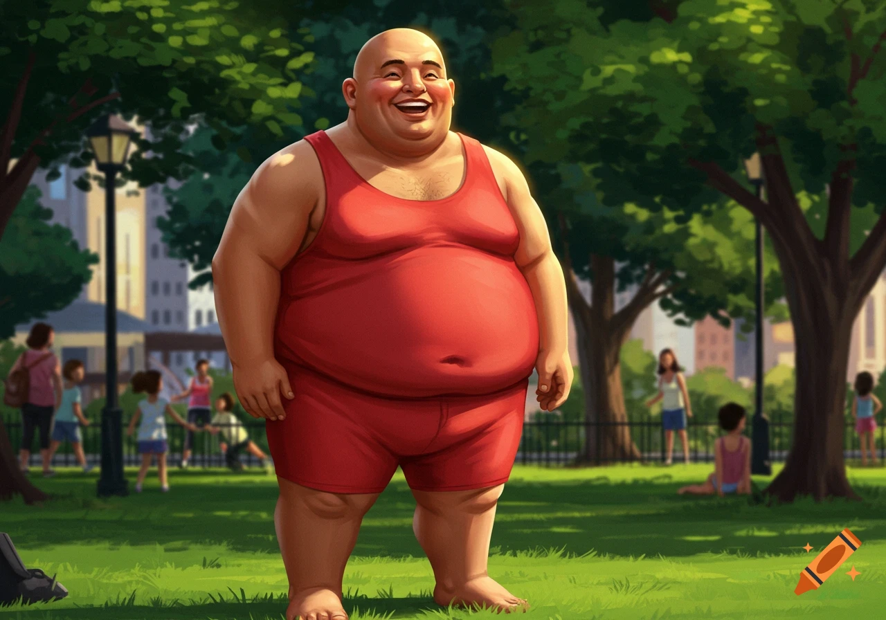 A bald, overweight man in a red tank top and shorts smiles widely while standing barefoot in a sunny green park.
