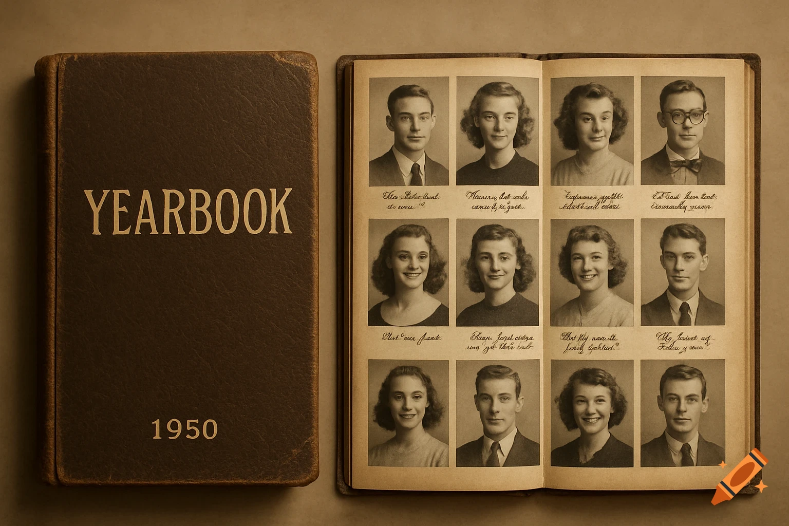 An open vintage 1950 yearbook showing sepia-toned portraits and a closed brown yearbook cover with 'YEARBOOK 1950' printed on it.