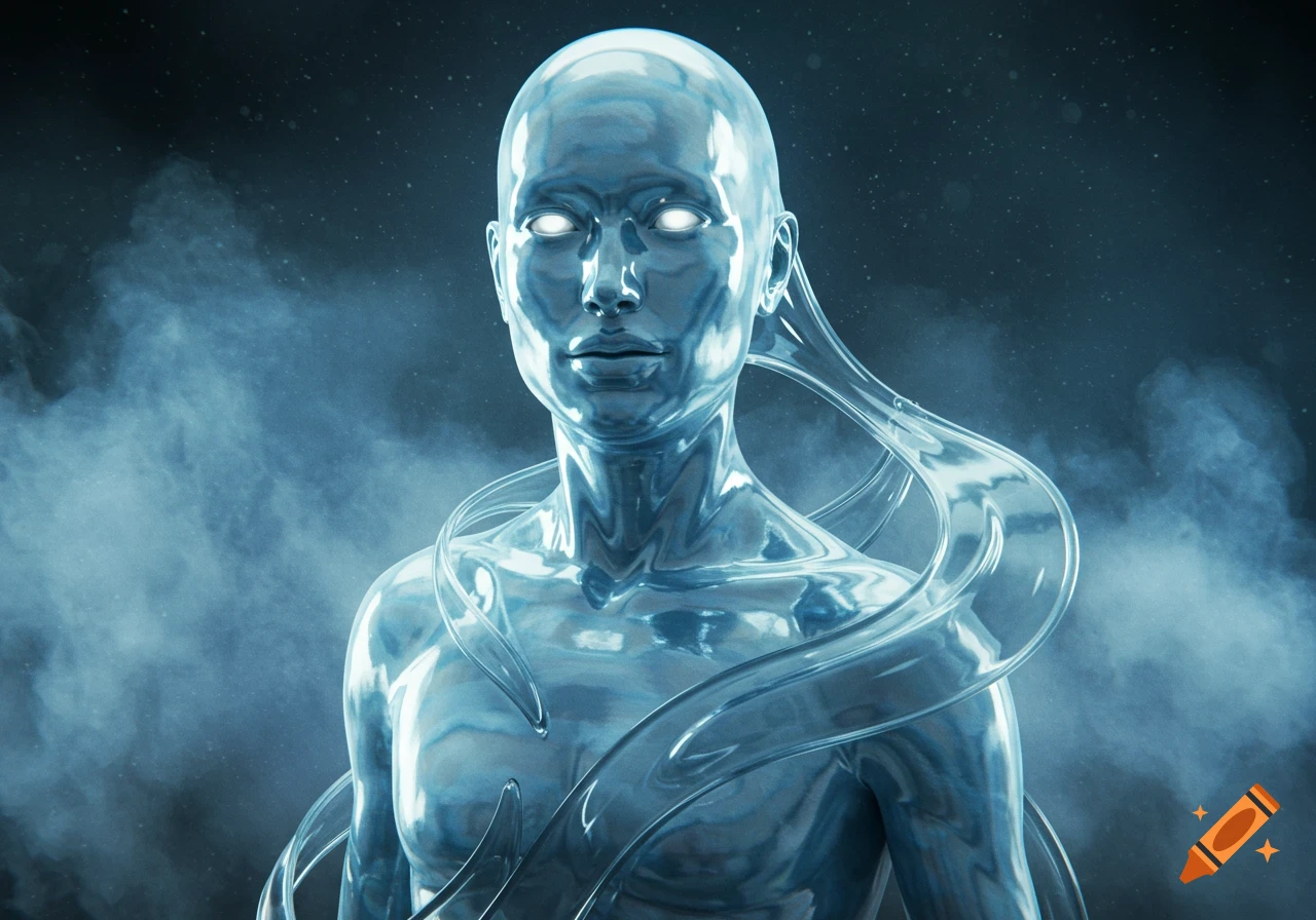 A translucent, metallic humanoid figure with glowing white eyes, surrounded by ethereal mist and flowing clear tendrils, against a dark background.
