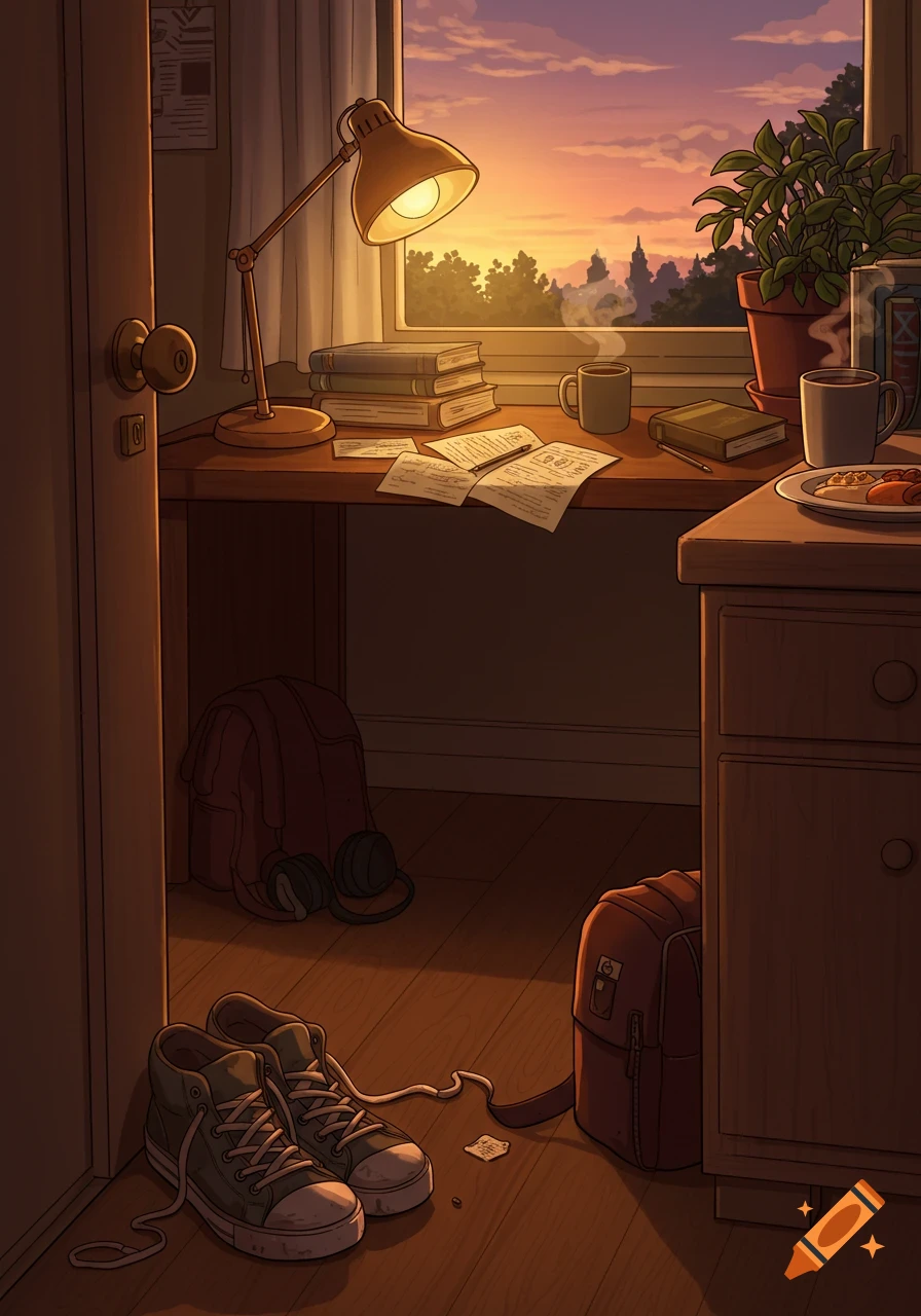 Illustrated cozy room at sunset with a study desk, books, and shoes by the door, viewed from an open doorway.