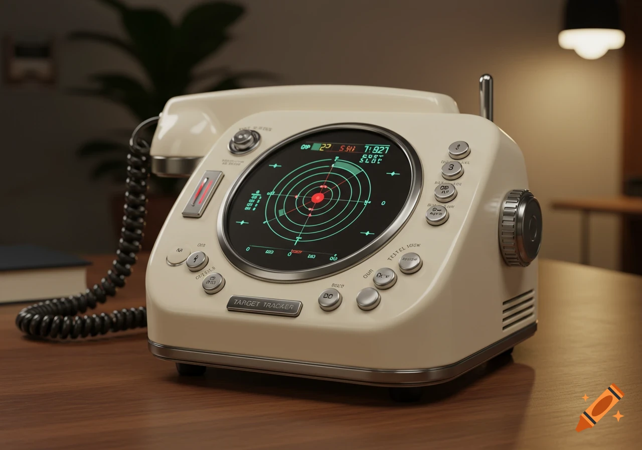 A retro-futuristic beige telephone-style target tracker device with a green radar screen, buttons, and dials, on a wooden desk.