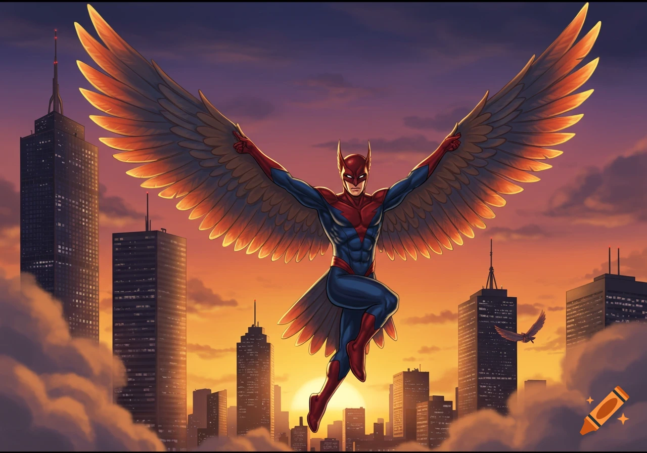 Comic book superhero with red and blue suit and large bird wings flying over a city skyline at sunset, above clouds.