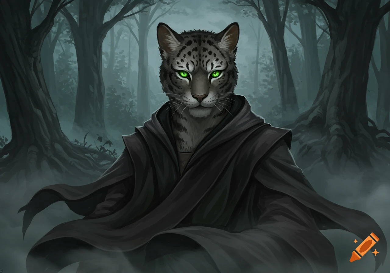 A gray jaguar-like Tabaxi with glowing green eyes in a black robe stands in a misty, dark forest.
