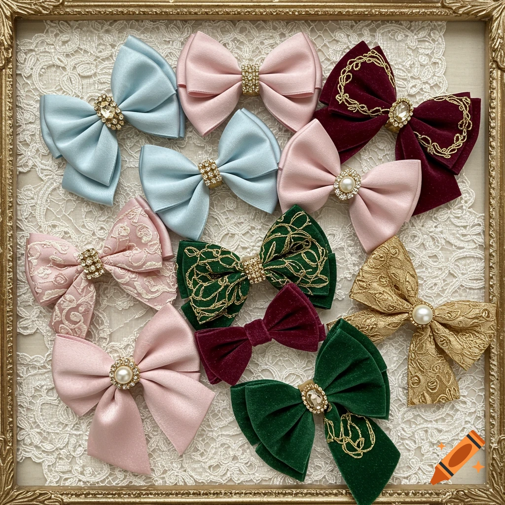 A collection of elegant, jewel-adorned hair bows in blue, pink, green, gold, and maroon, displayed on a lace background in a gold frame.