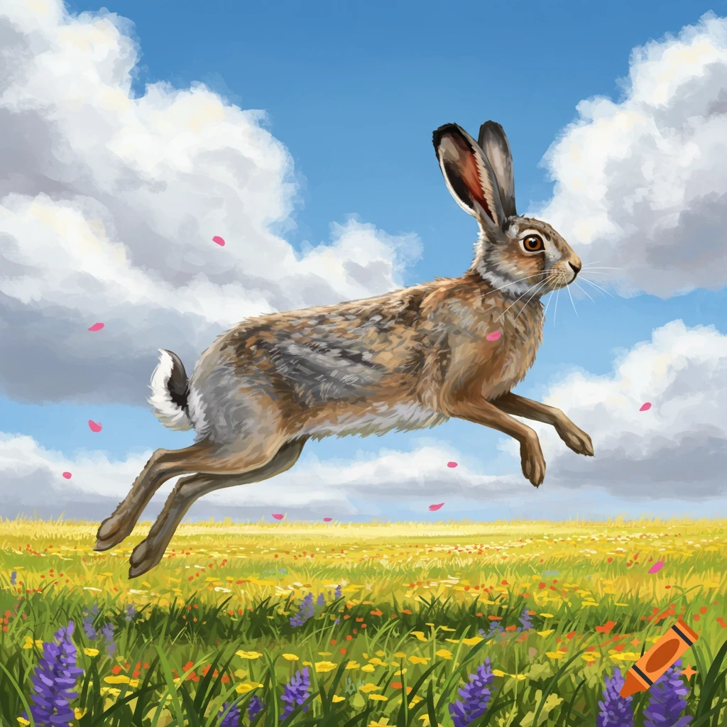 A brown hare leaps through a vibrant field of yellow and purple wildflowers under a blue sky with clouds, illustrated.