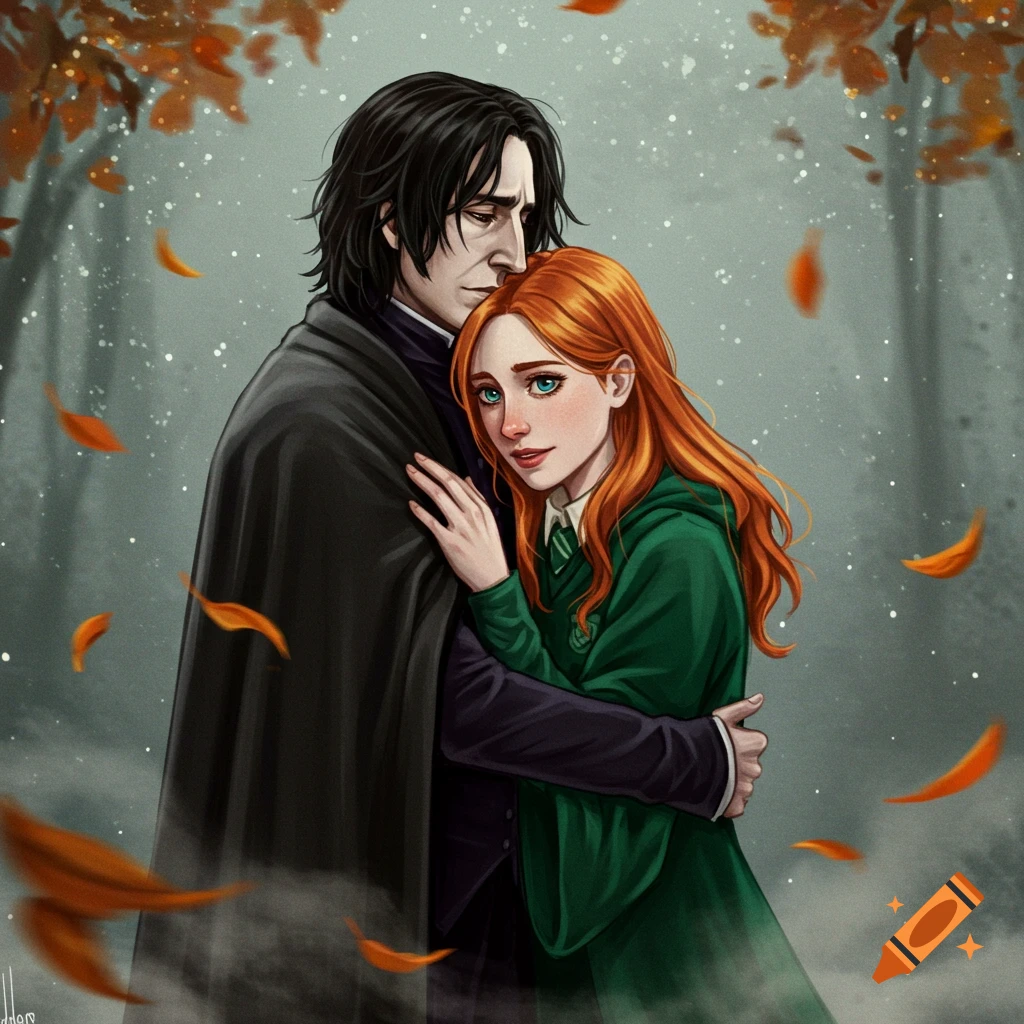Severus Snape in a black cloak hugging Lily Potter with red hair in a green robe, surrounded by falling autumn leaves in a forest illustration.