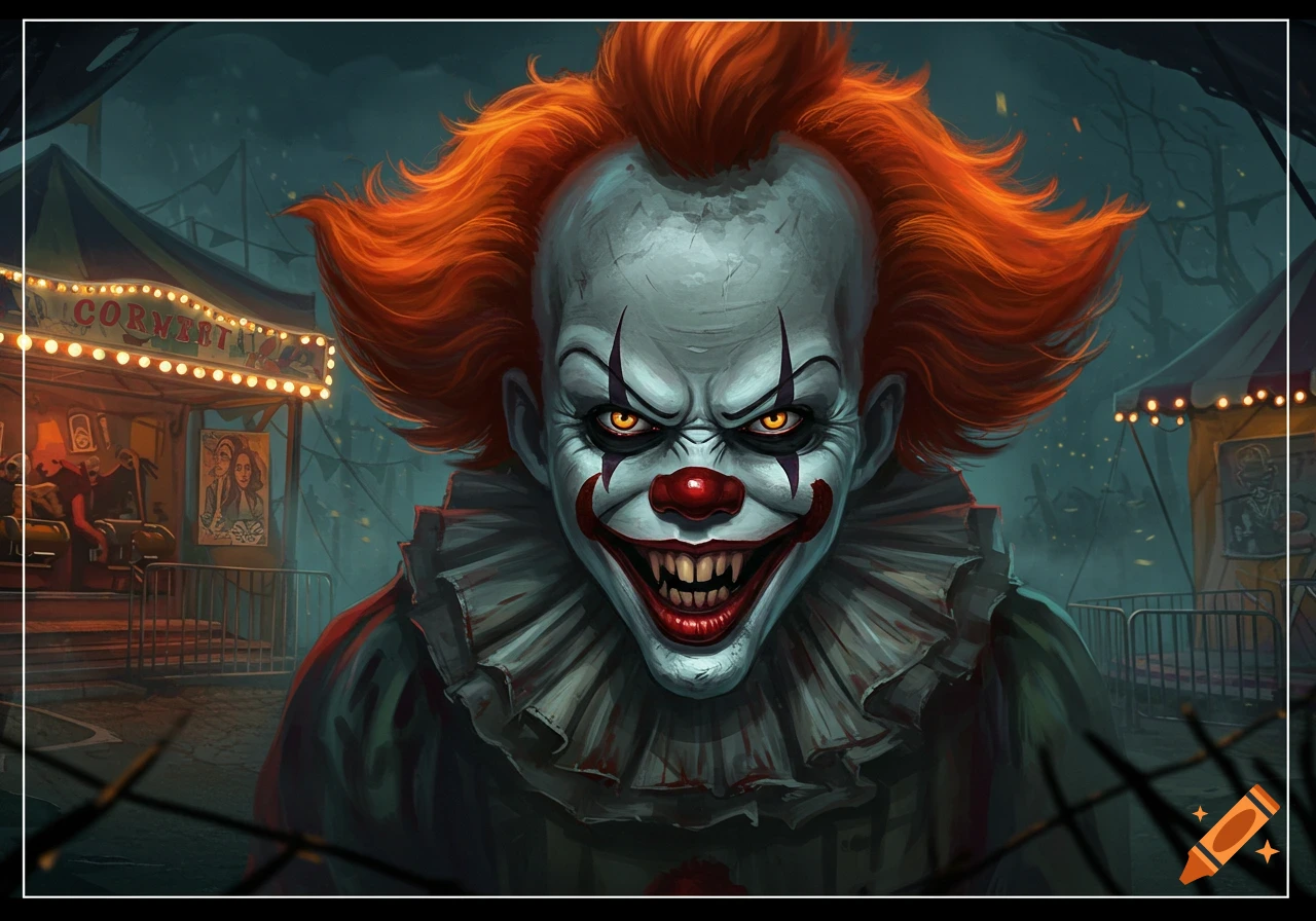A terrifying Pennywise-like clown with orange hair, sharp teeth, and glowing yellow eyes grins menacingly in a dark, abandoned carnival.