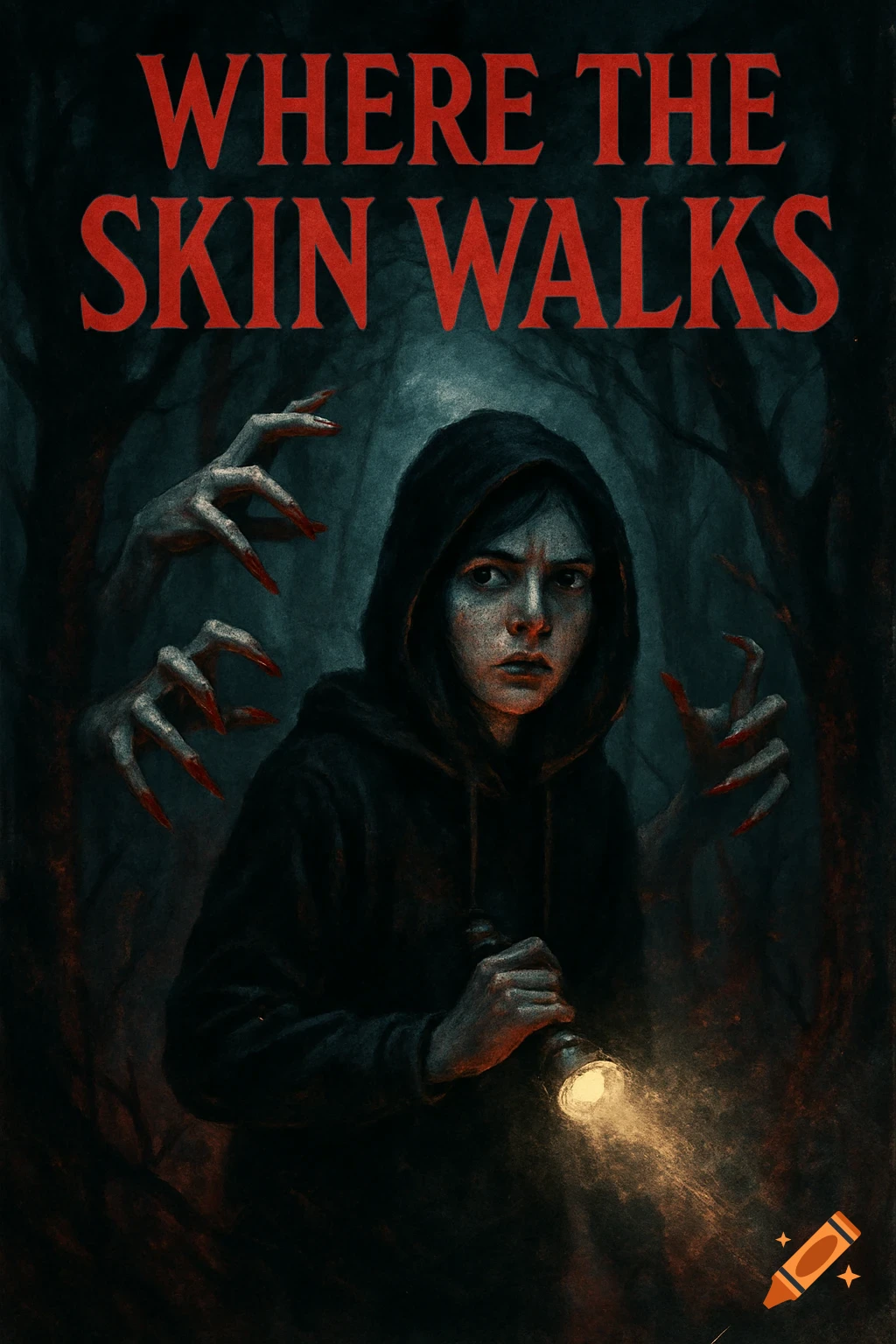 An illustrated horror book cover showing a scared girl in a black hoodie holding a flashlight, with creepy, clawed hands with red tips reaching from behind her in a dark forest.