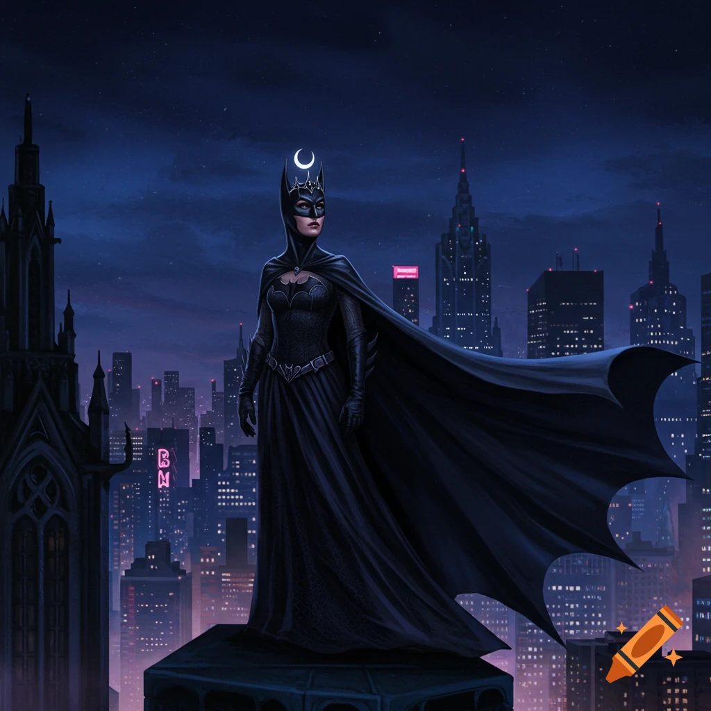 Female superhero in dark gown and cape with crescent moon tiara stands on a rooftop overlooking a neon-lit city at night.