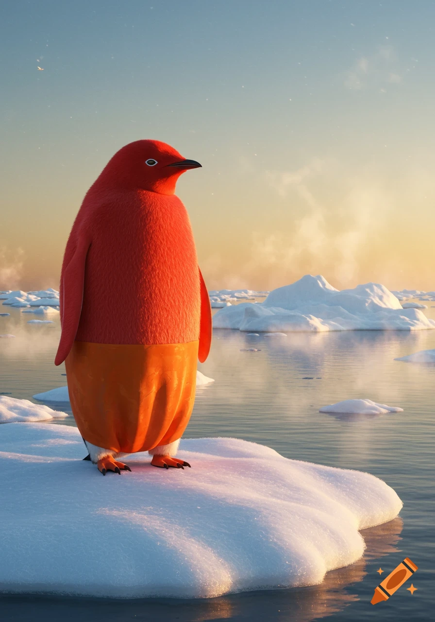 A vibrant red penguin with orange pants stands on an iceberg in a calm, icy sea under a pastel sky.