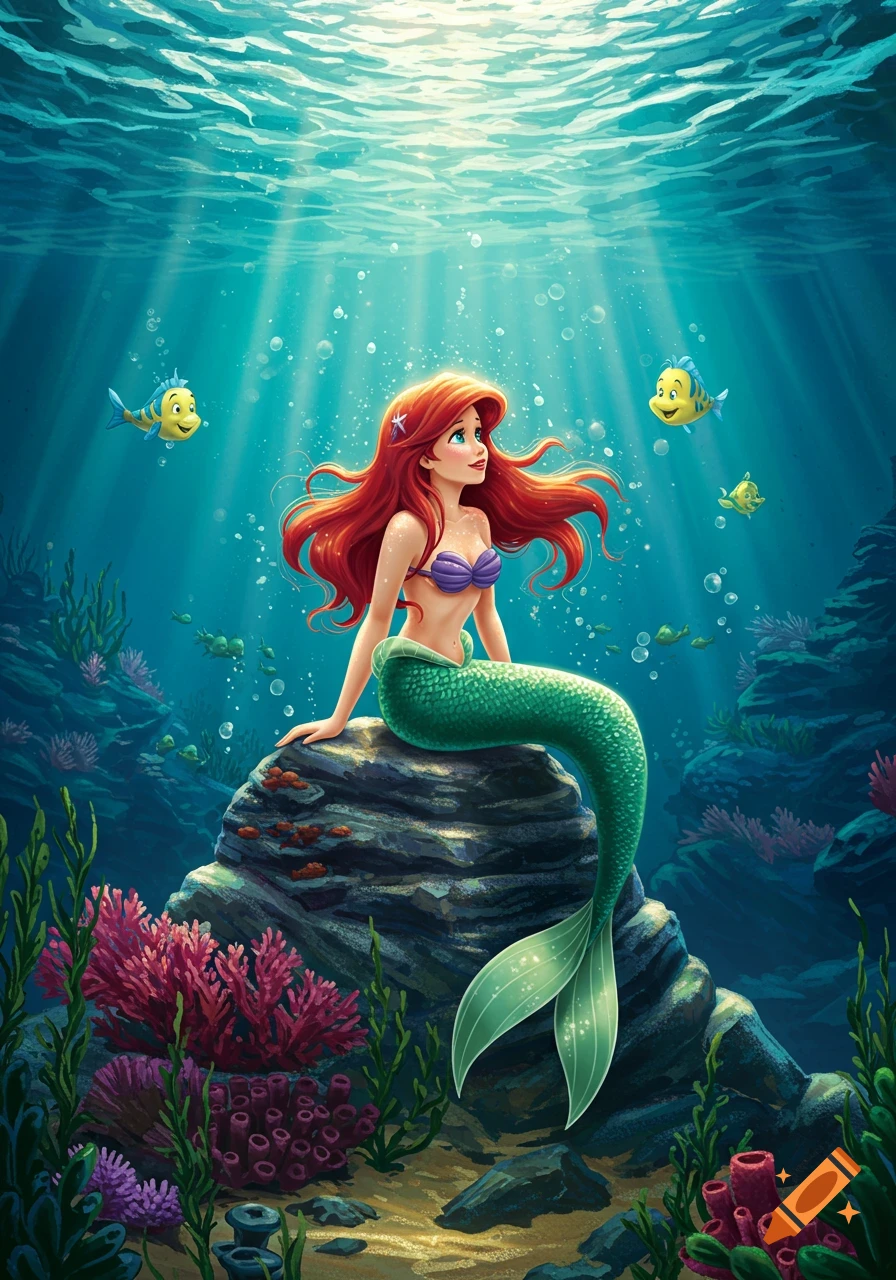 The Little Mermaid Ariel sits on an underwater rock surrounded by ocean plants, sun rays, and fish in an animated style.