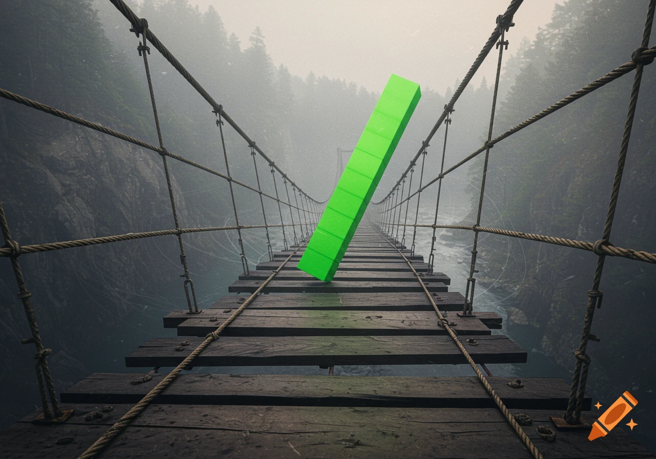A vibrant green bar stands precariously on a wooden suspension bridge spanning a misty canyon surrounded by dense forest.