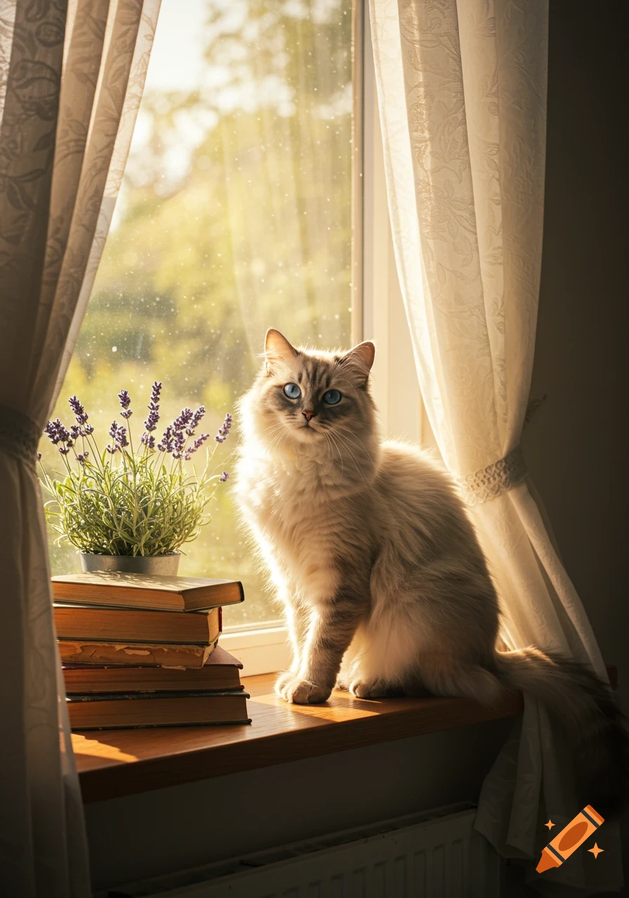 A fluffy white cat with blue eyes sits on a sunny windowsill next to books and a lavender plant. Photorealistic.