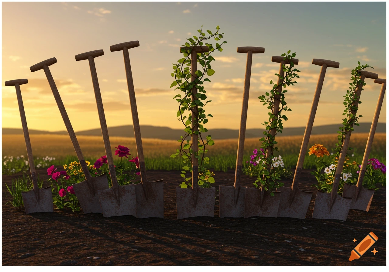 A row of shovels with colorful flowers and green vines growing from their blades, set against a sunset in a rural field.
