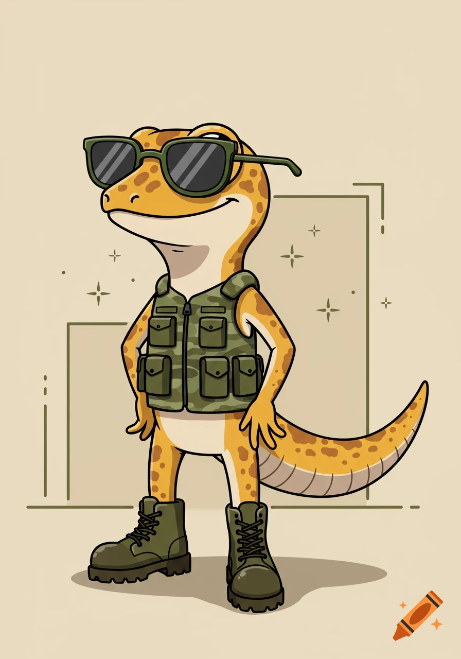 A cartoon gecko wearing sunglasses, a camouflage army vest, and army boots, standing with hands on hips.