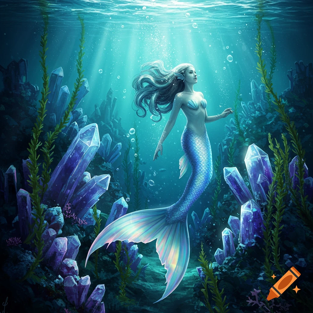 A beautiful mermaid with flowing white hair and a shimmering blue tail swims gracefully among glowing purple crystals and green seaweed in clear, sunlit blue water.
