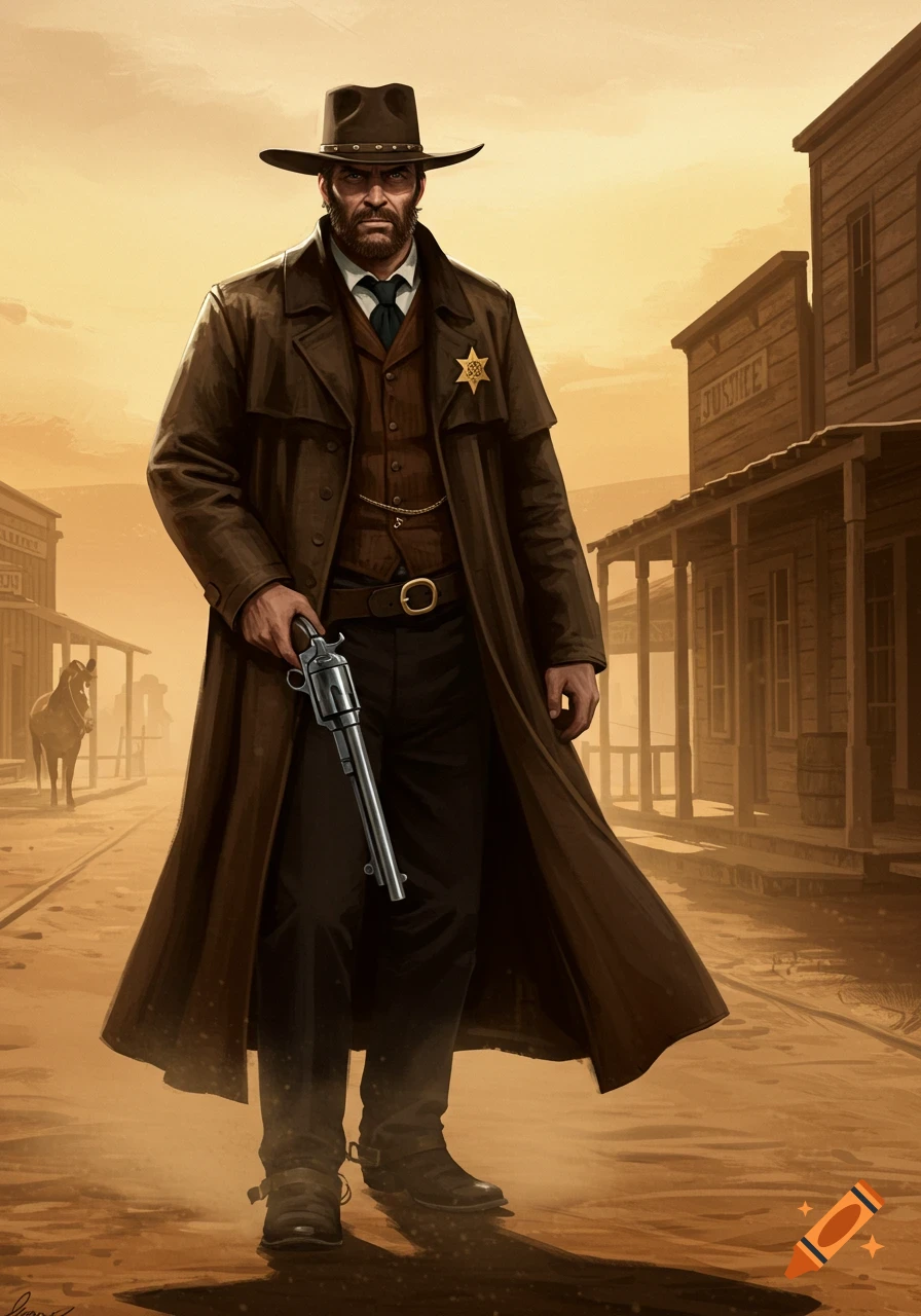 A stern, bearded lawman in a duster coat and cowboy hat stands in a dusty western street, holding a revolver in this illustration.
