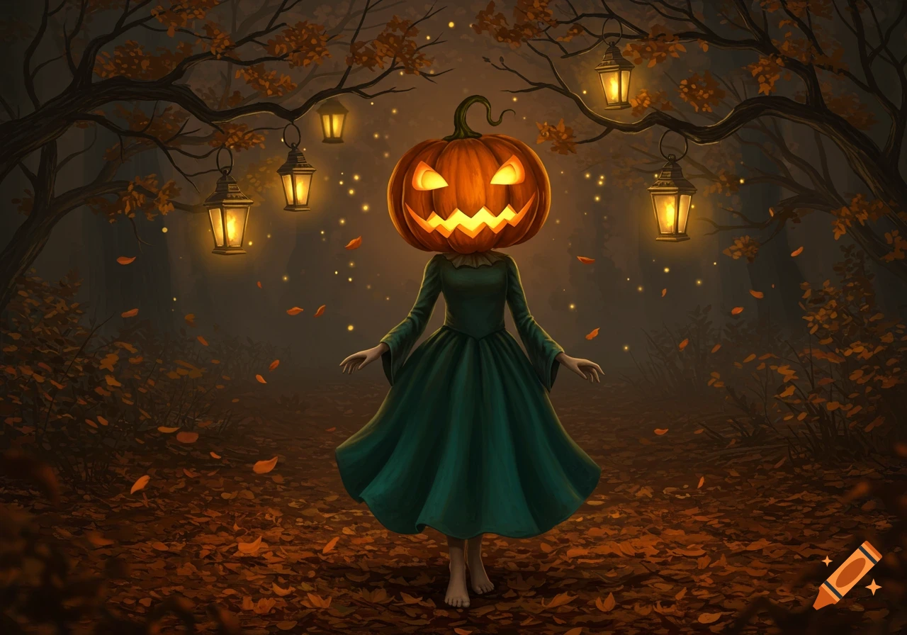 A figure with a glowing jack-o'-lantern head and a green dress stands in a dark, misty autumn forest with lanterns and falling leaves.