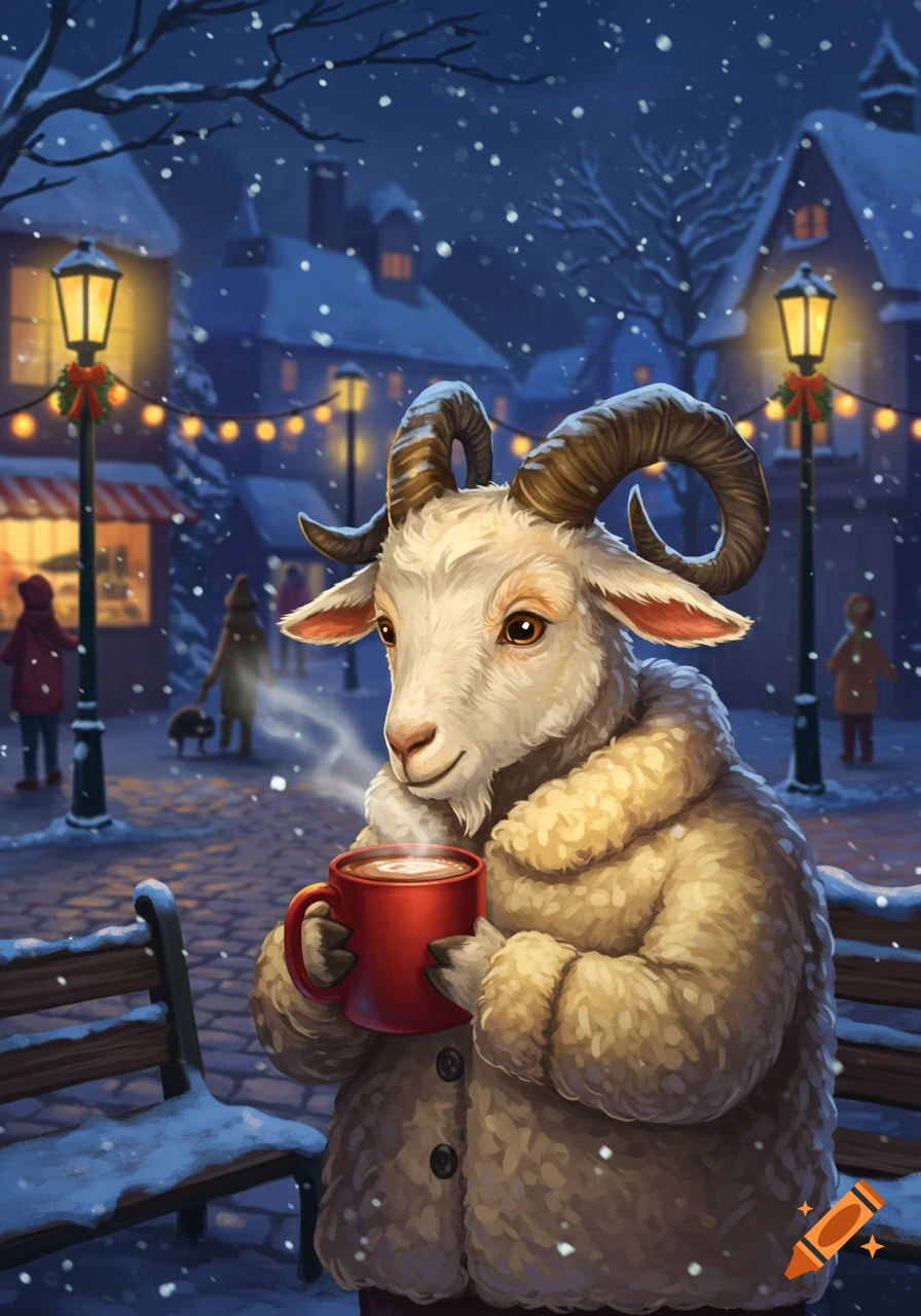 A cartoon goat in a winter coat drinks hot chocolate on a snowy village street at night.