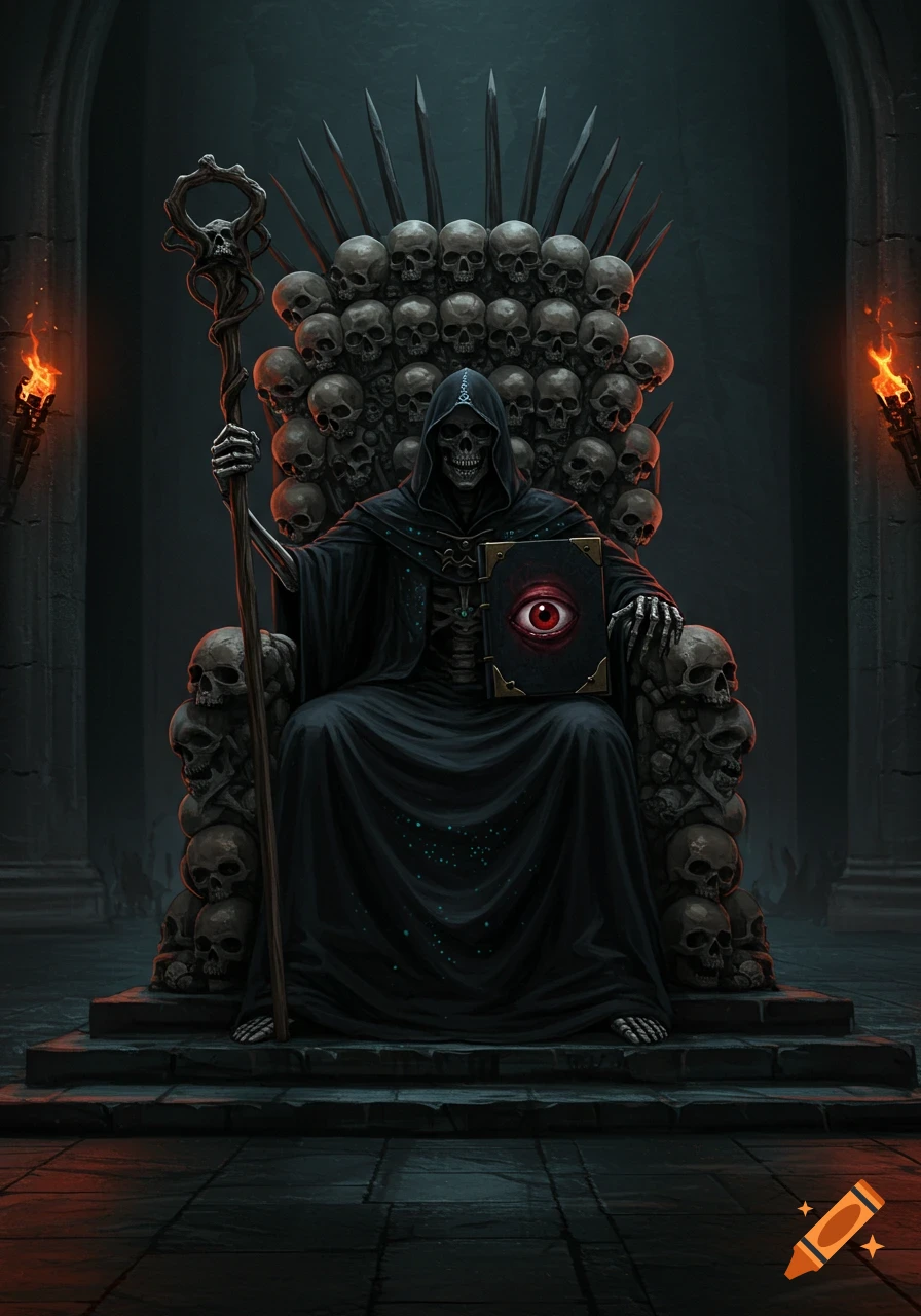 A cloaked skeleton sits on a throne of skulls, holding a staff and a book with a red eye, in a dark fantasy setting.