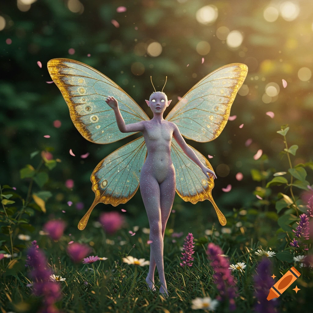 Photorealistic image of a magical, nude fairy with light blue butterfly wings standing in a sunlit, wildflower-filled forest.