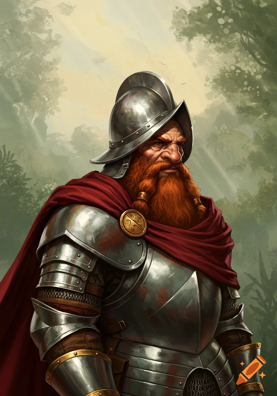 A stern dwarf conquistador with a fiery red beard, silver morion helmet, detailed plate armor, and red cape in a stylized forest.