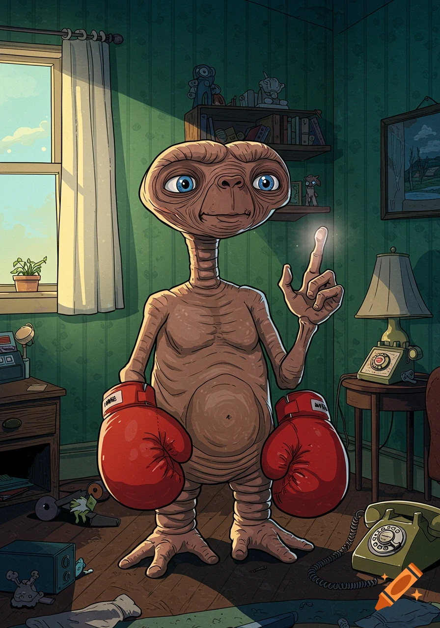 Cartoon E.T. alien in red boxing gloves, finger glowing, standing in a retro room with a window.