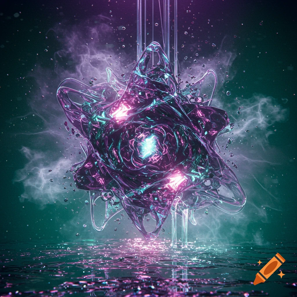 Abstract glowing purple and teal crystalline form with smoke, reflected on a wet surface, digital art.