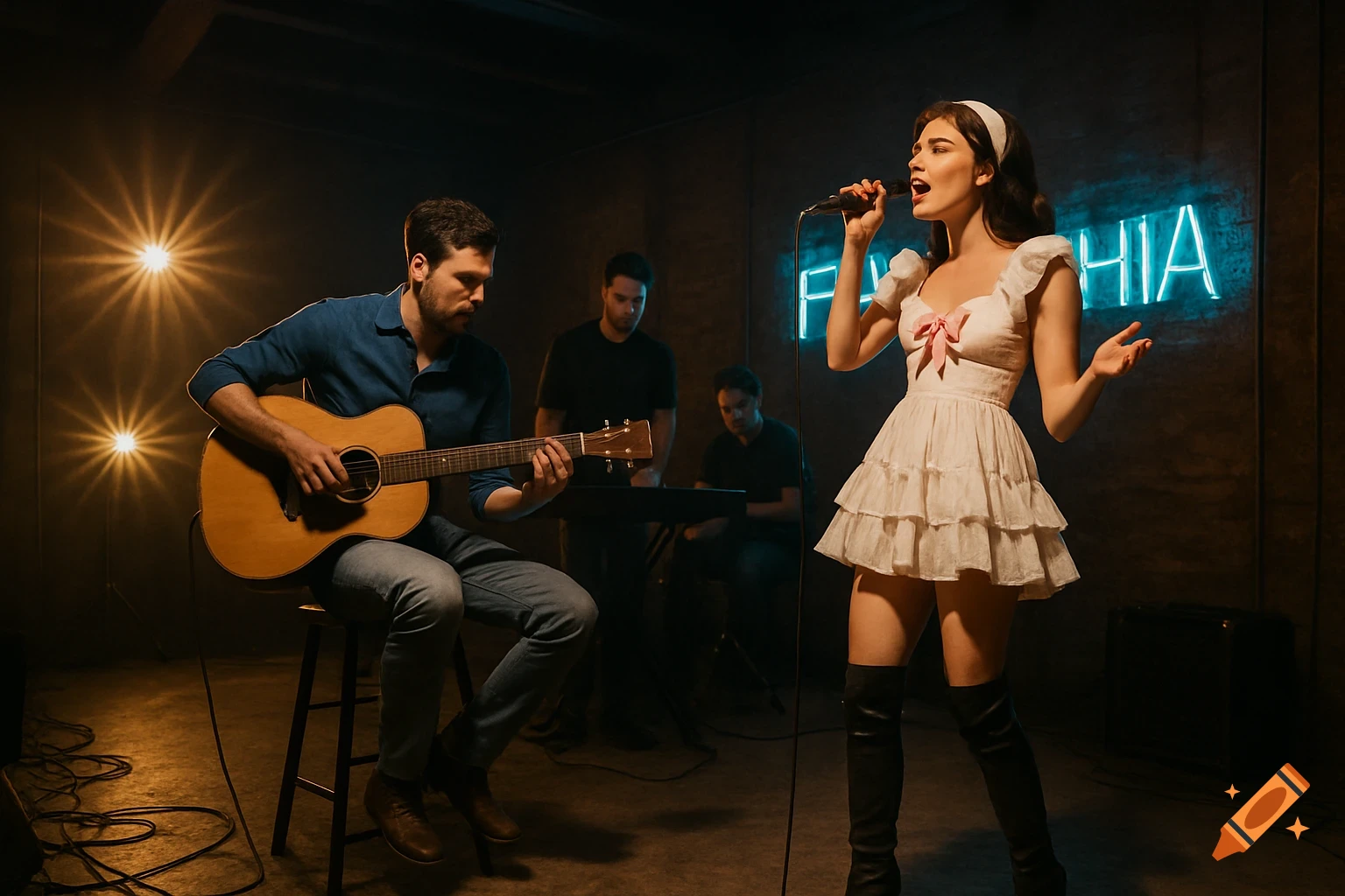 A female singer in a white dress and thigh-high boots performs with a male guitarist on stage in a dimly lit venue with a blue neon 'FORSYTHIA' sign.