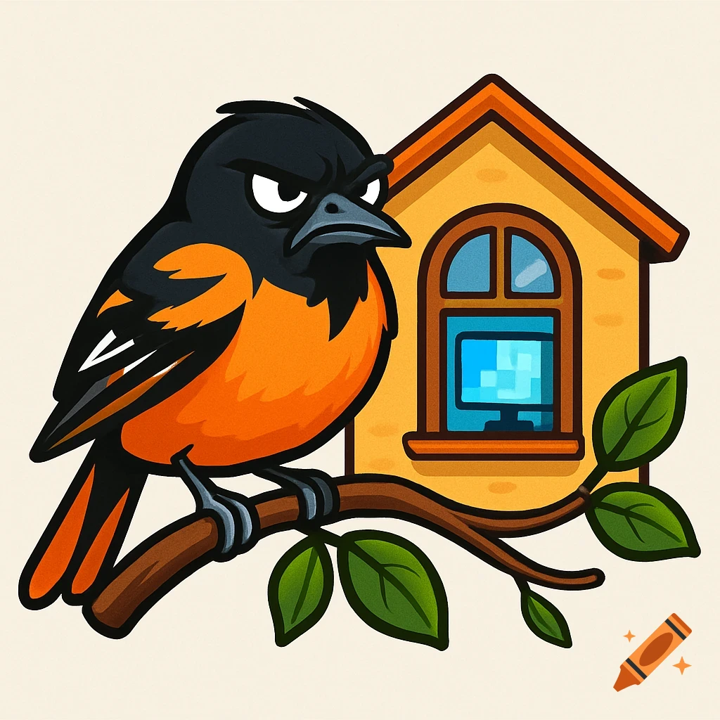 Cartoon oriole with a scowl sits on a branch next to a small house with a pixelated computer screen in the window. Logo style illustration.