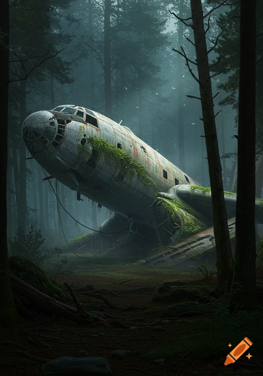 A large, old, moss-covered plane wreck rests deep within a misty, dark forest with tall trees.