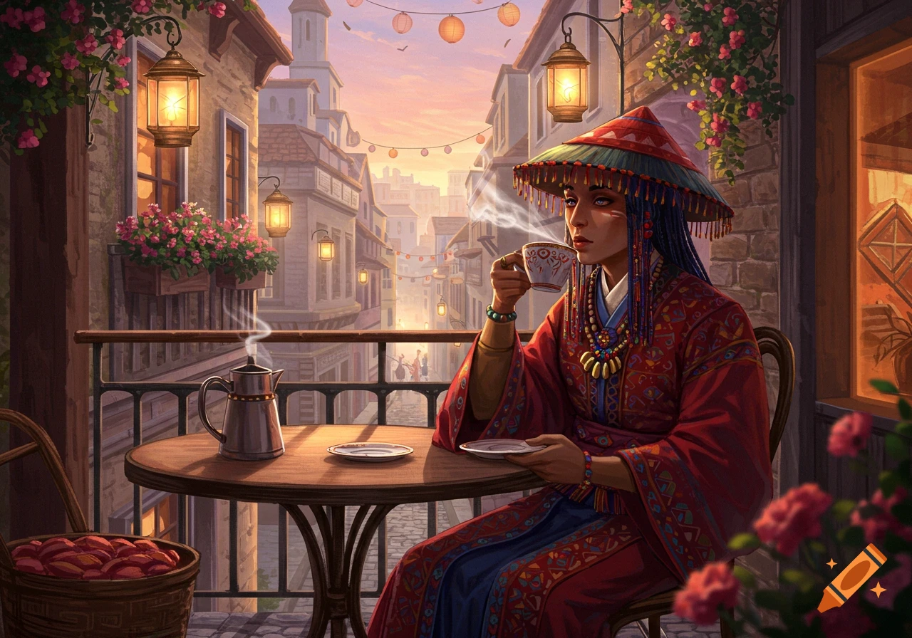 Illustrative painting of a woman in a red traditional outfit and conical hat, drinking coffee on a balcony overlooking a bustling city street at sunset.