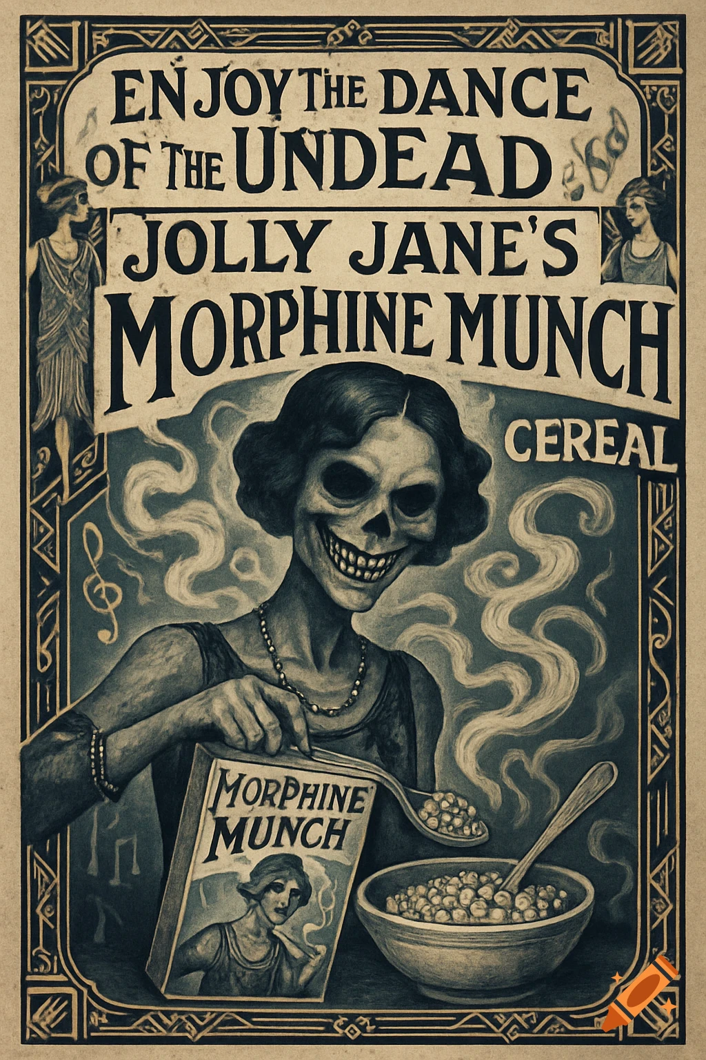 Vintage 1920s-style advertisement featuring a smiling ghoul woman holding a box and spoon of 'Jolly Jane's Morphine Munch Cereal'.