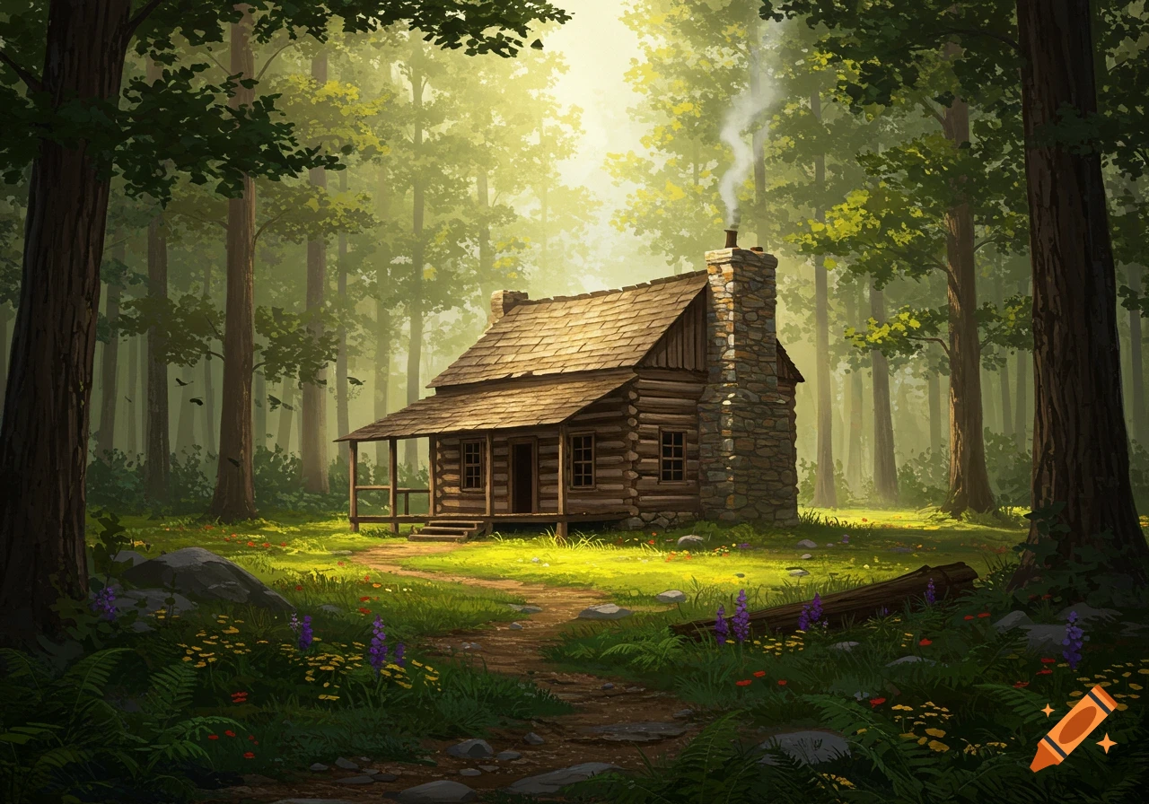 A stylized illustration of a rustic log cabin with a stone chimney in a sunlit forest clearing, a dirt path leading to the entrance.